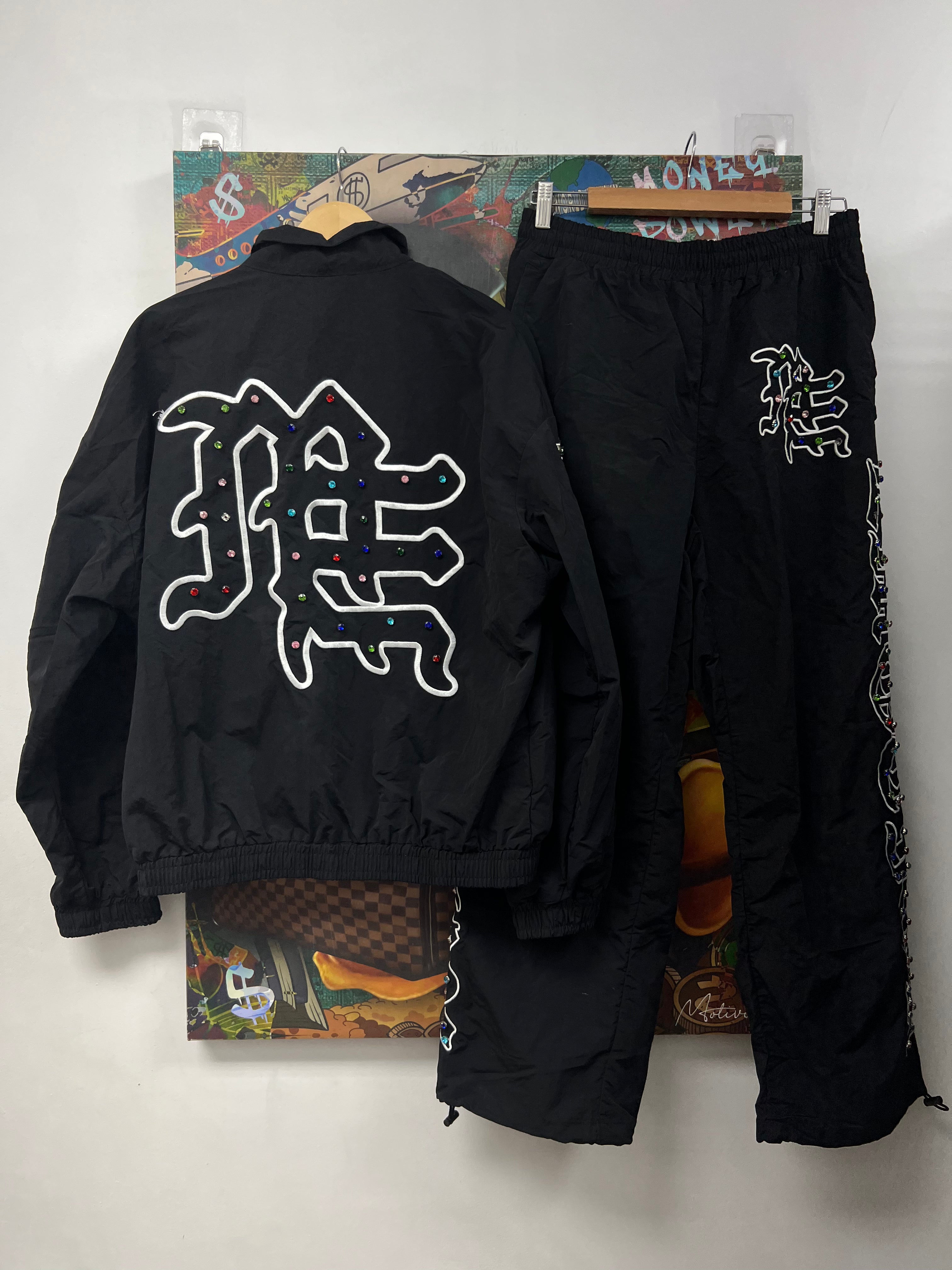 Mixed Emotion Black ME Rainbow Rhinestone Track Suit