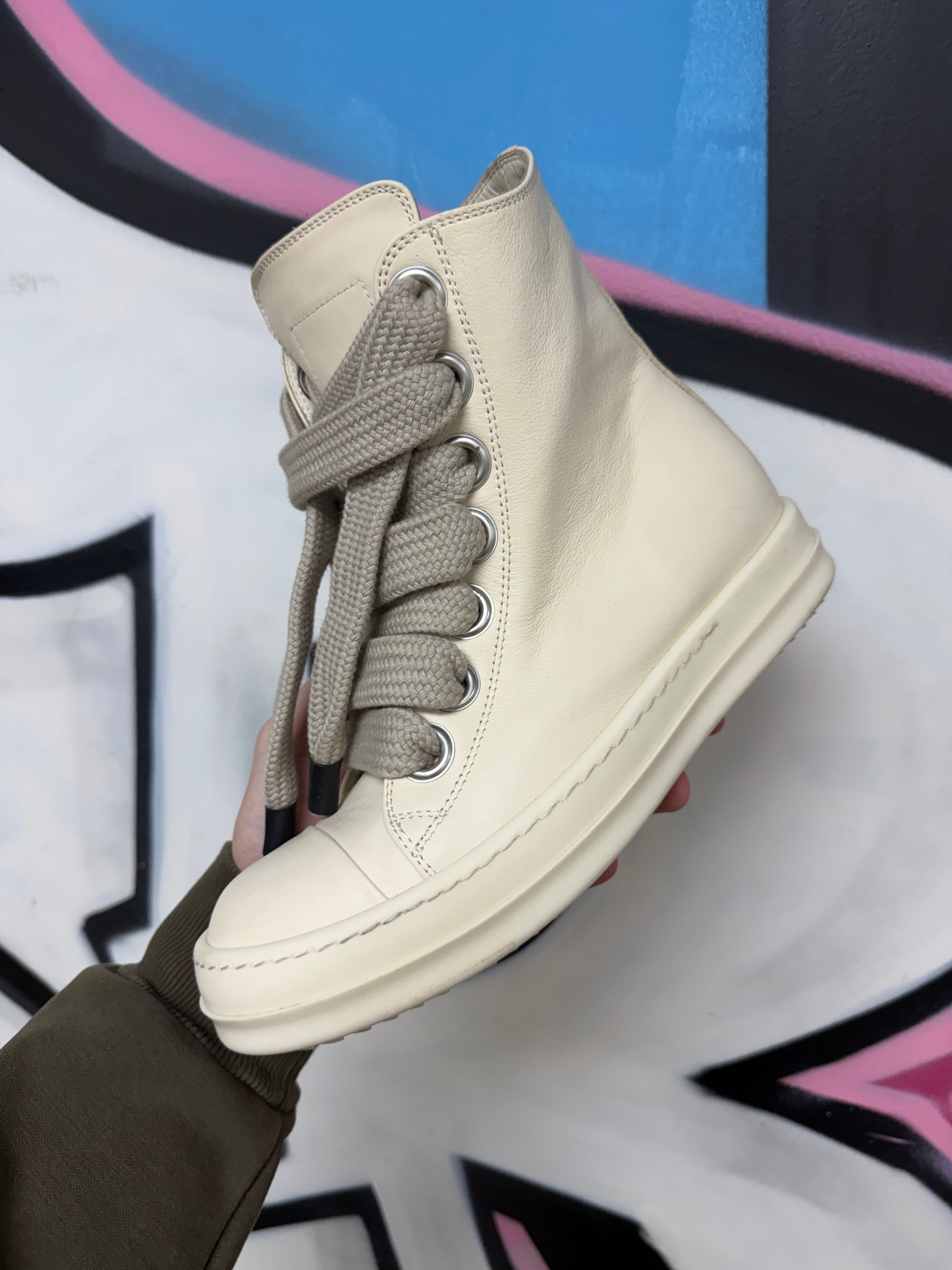 Rick Owens Cream White Jumbo Lace Ramone High Sneakers