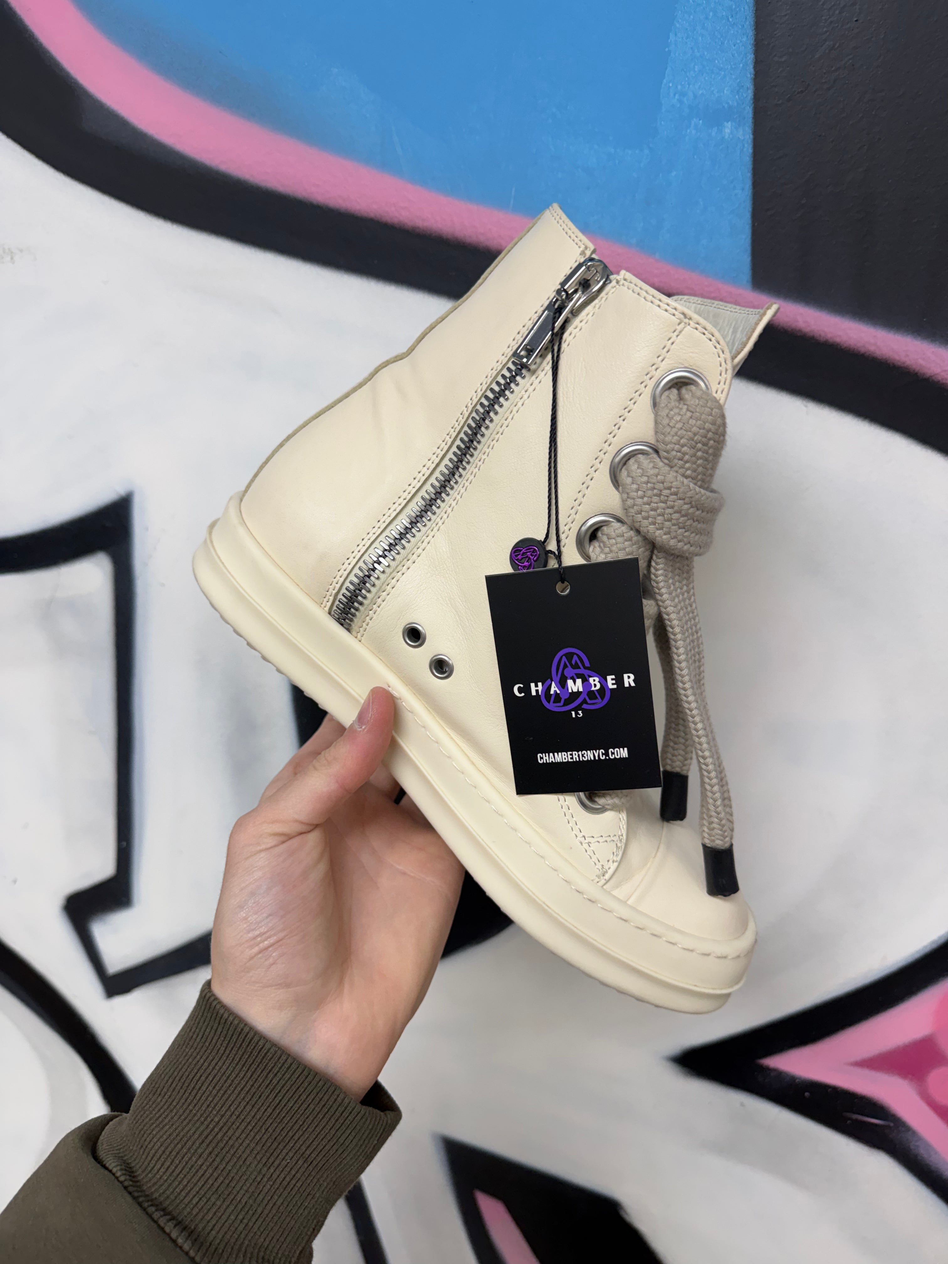 Rick Owens Cream White Jumbo Lace Ramone High Sneakers