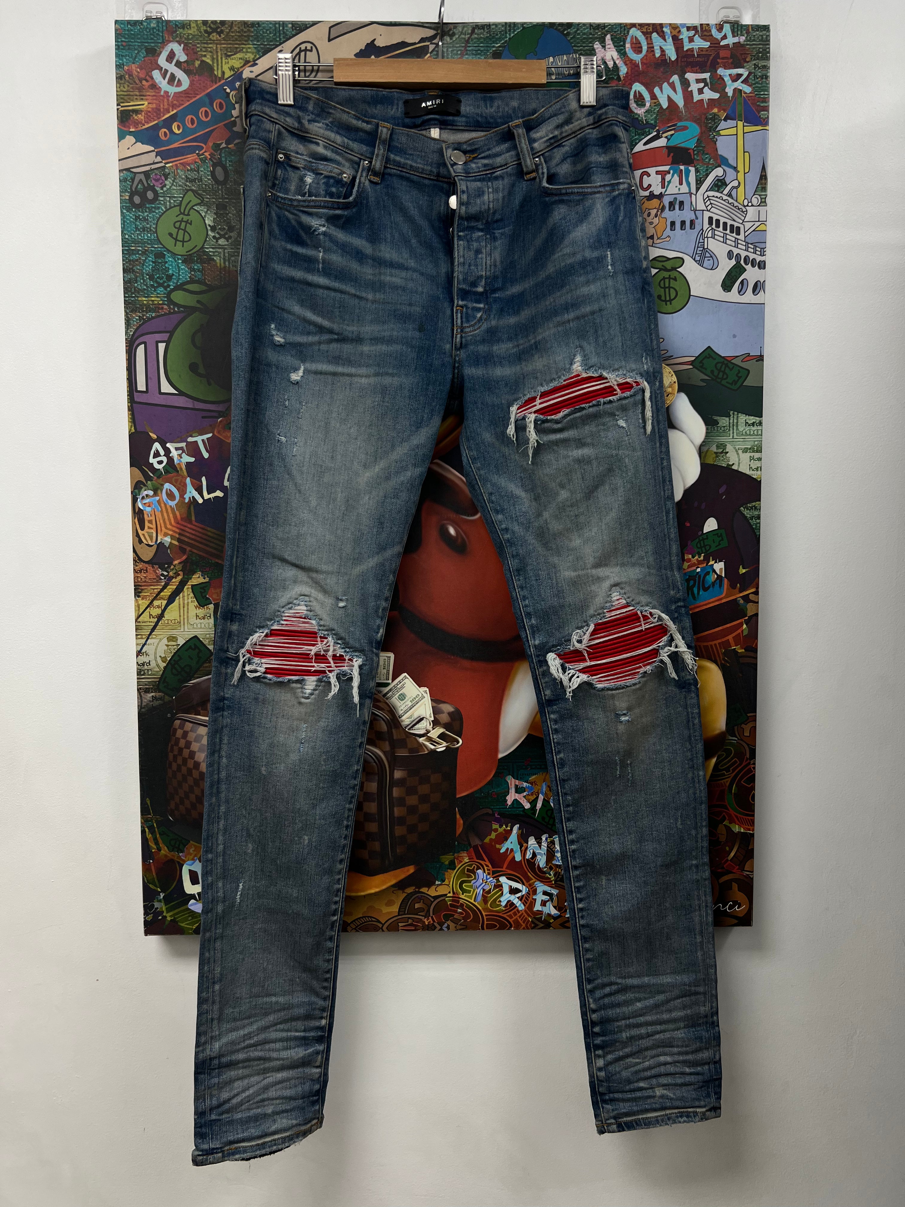 Amiri MX1 Light Wash Red Suede Patch Jeans
