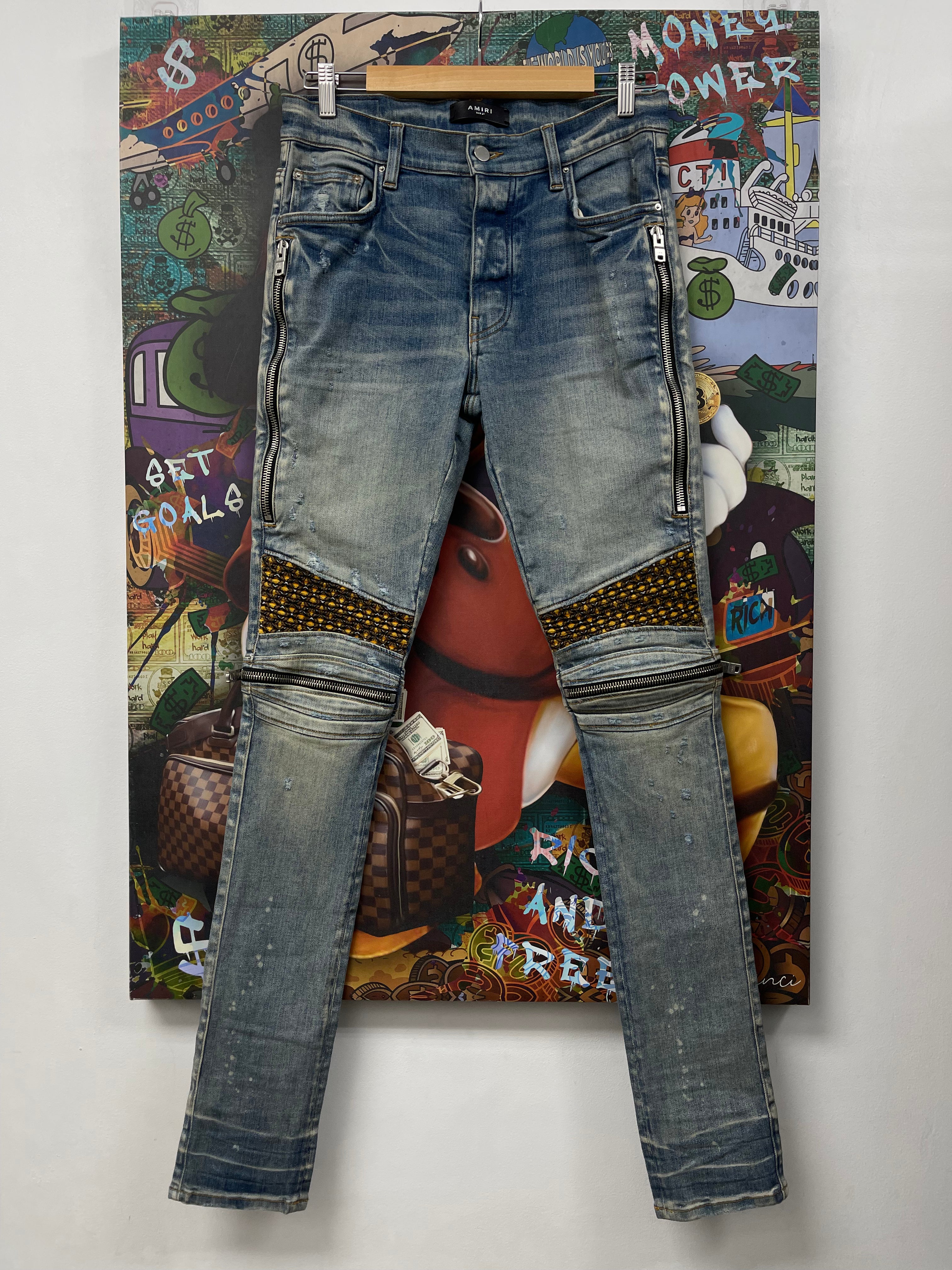 Amiri MX2 Light Wash Honeycomb Patch Jeans