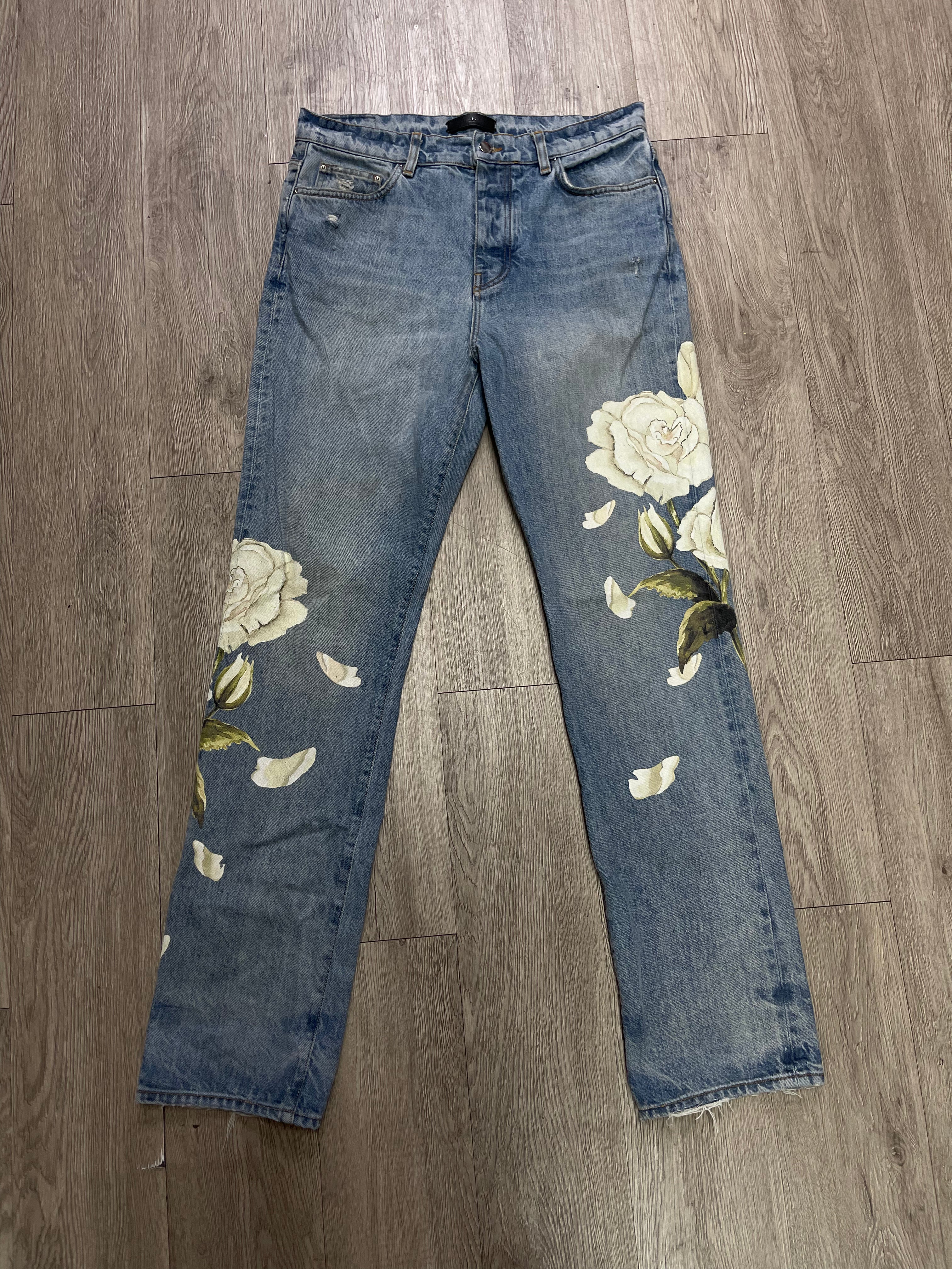 Amiri Light Wash Floral Straight Leg Jeans