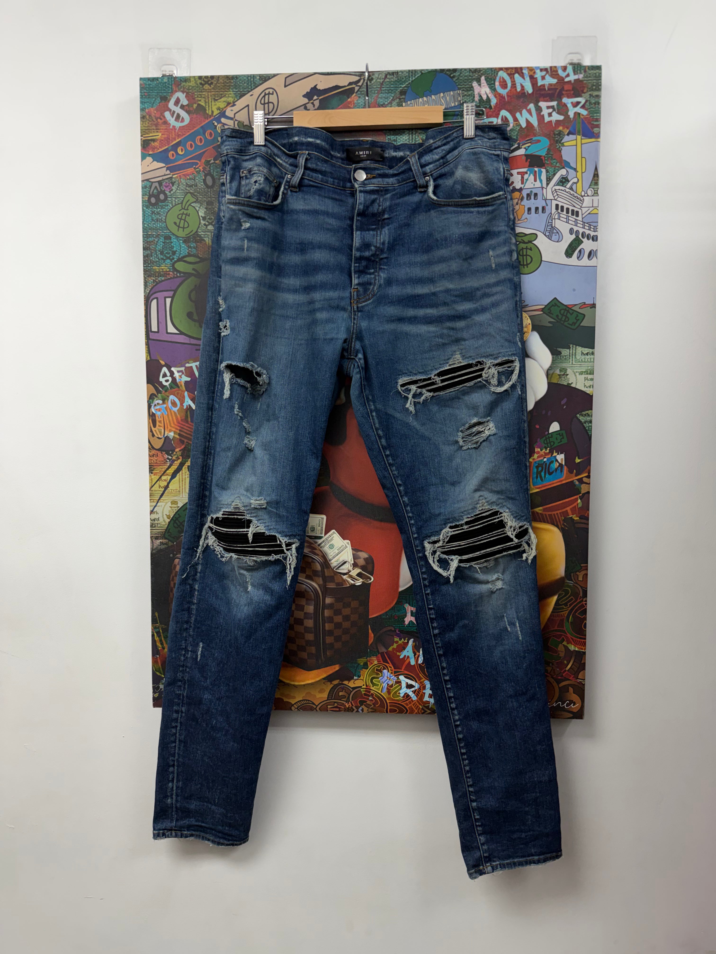 Amiri MX1 Navy Black Ultra Suede Patch Jeans