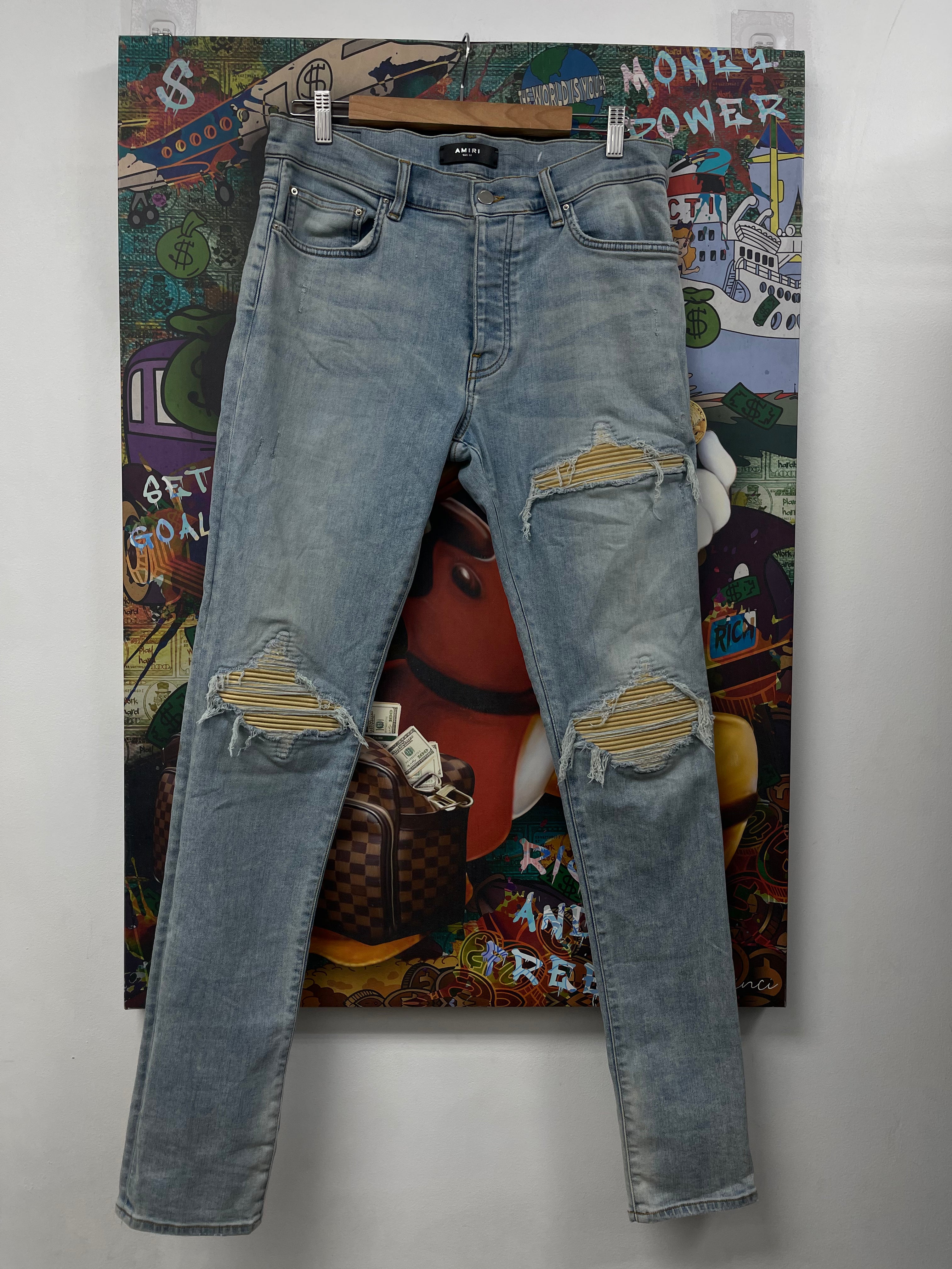 Amiri MX1 Light Wash Sun Dust Yellow Patch Jeans