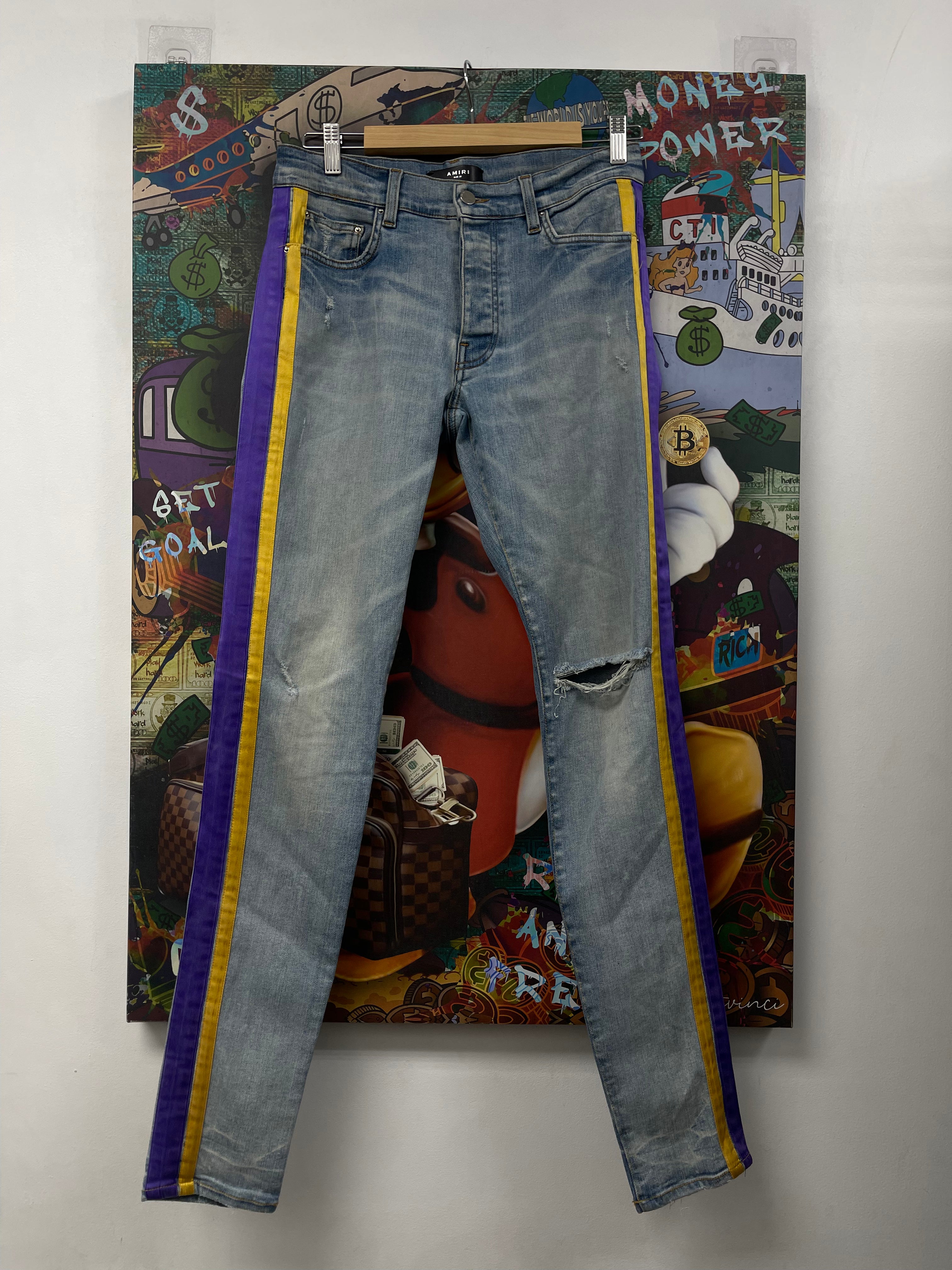 Amiri Light Wash Purple Yellow Lakers Stripe Jeans