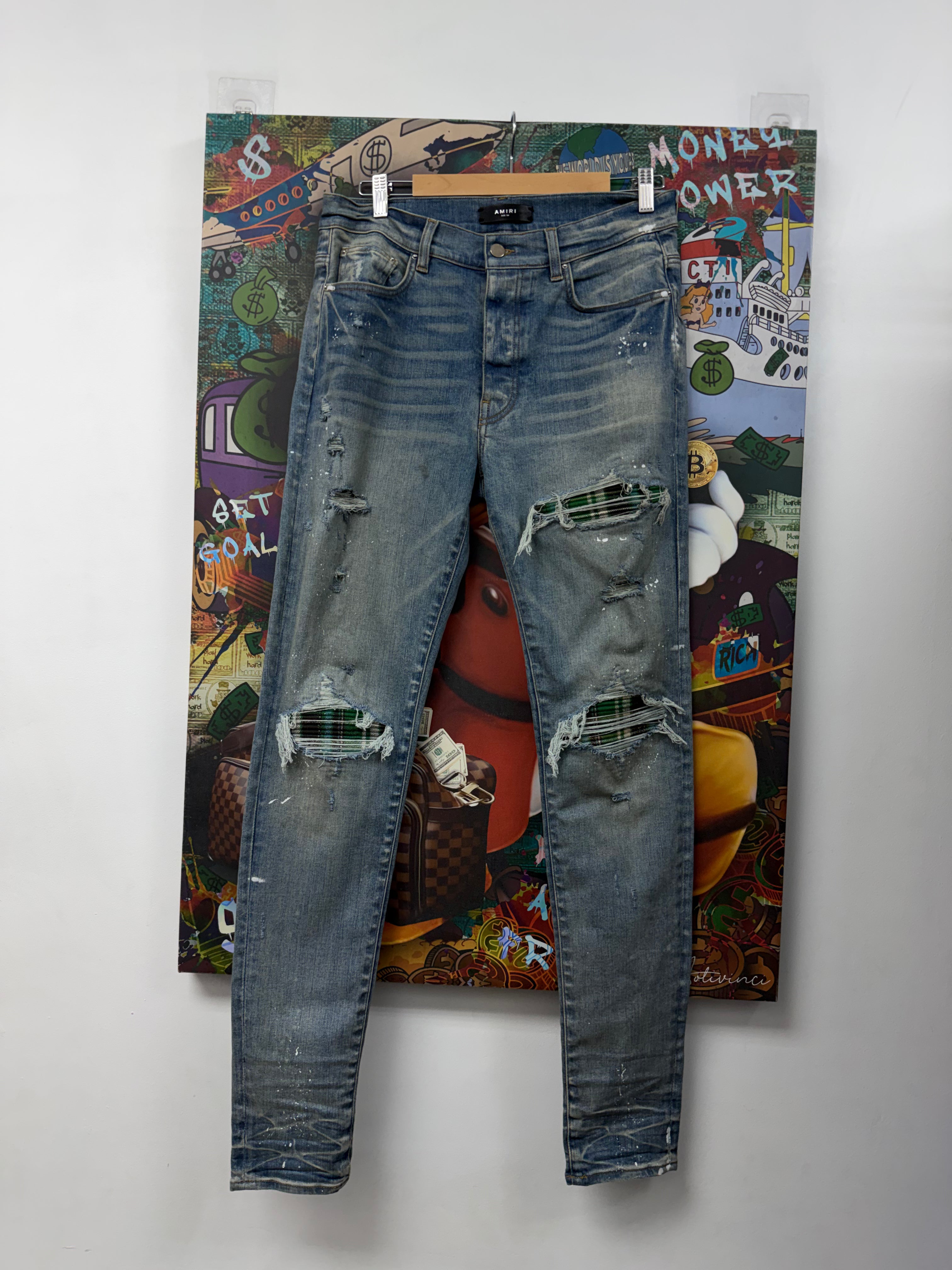Amiri MX1 Light Wash Green Plaid Patch Jeans