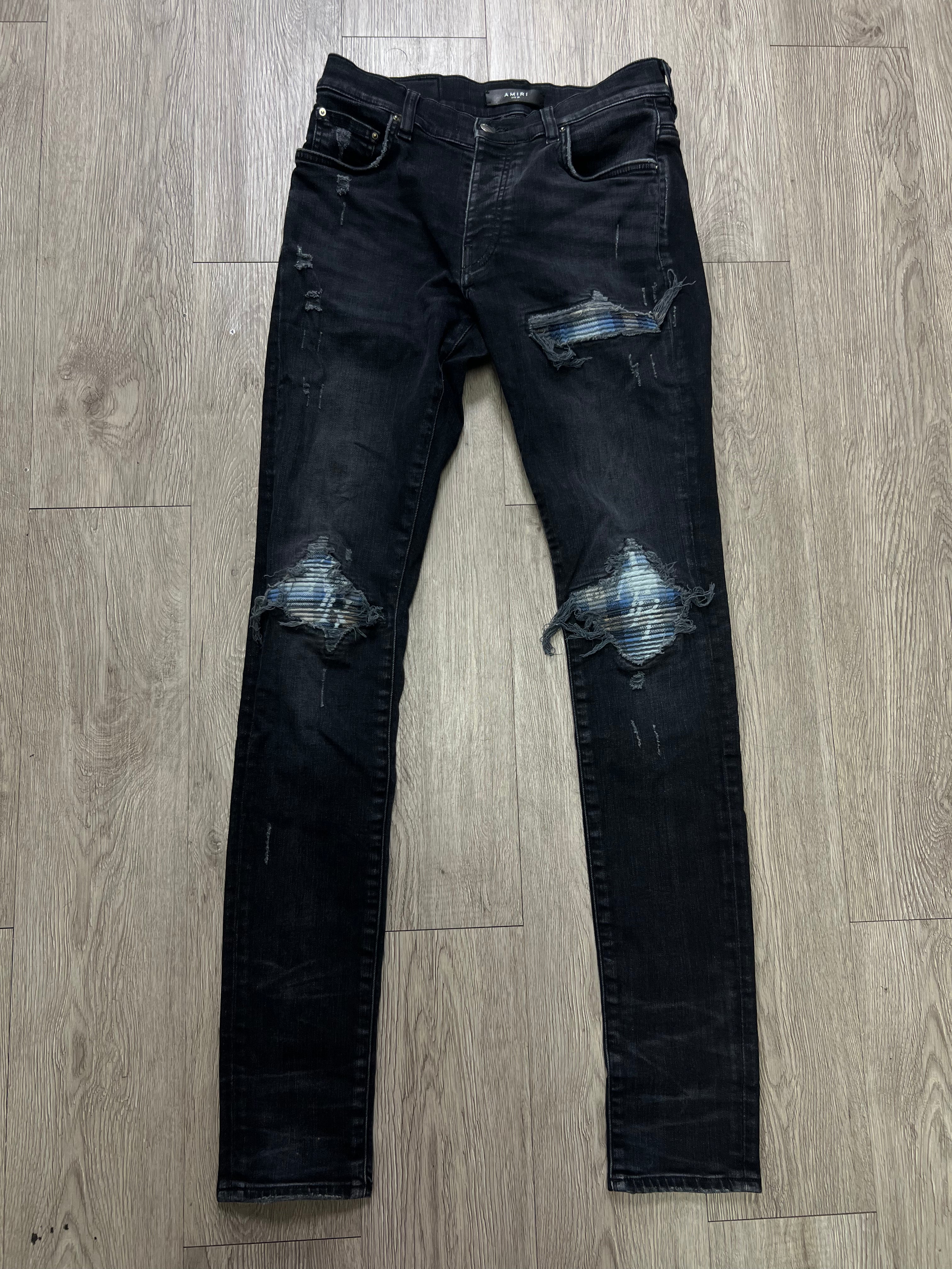Amiri MX1 Black Wash Baby Blue Plaid Patch Jeans