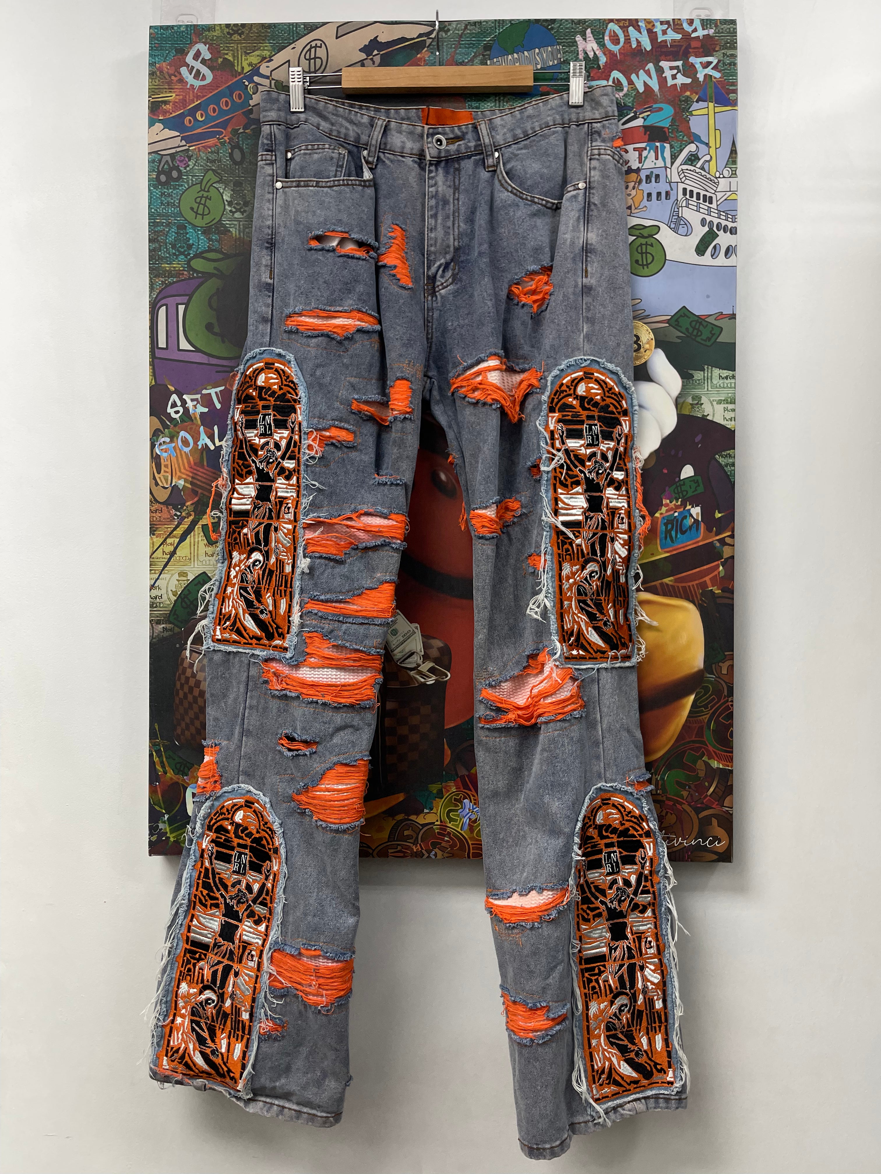 Who Decides War Light Wash Orange Jesus Patch Jeans