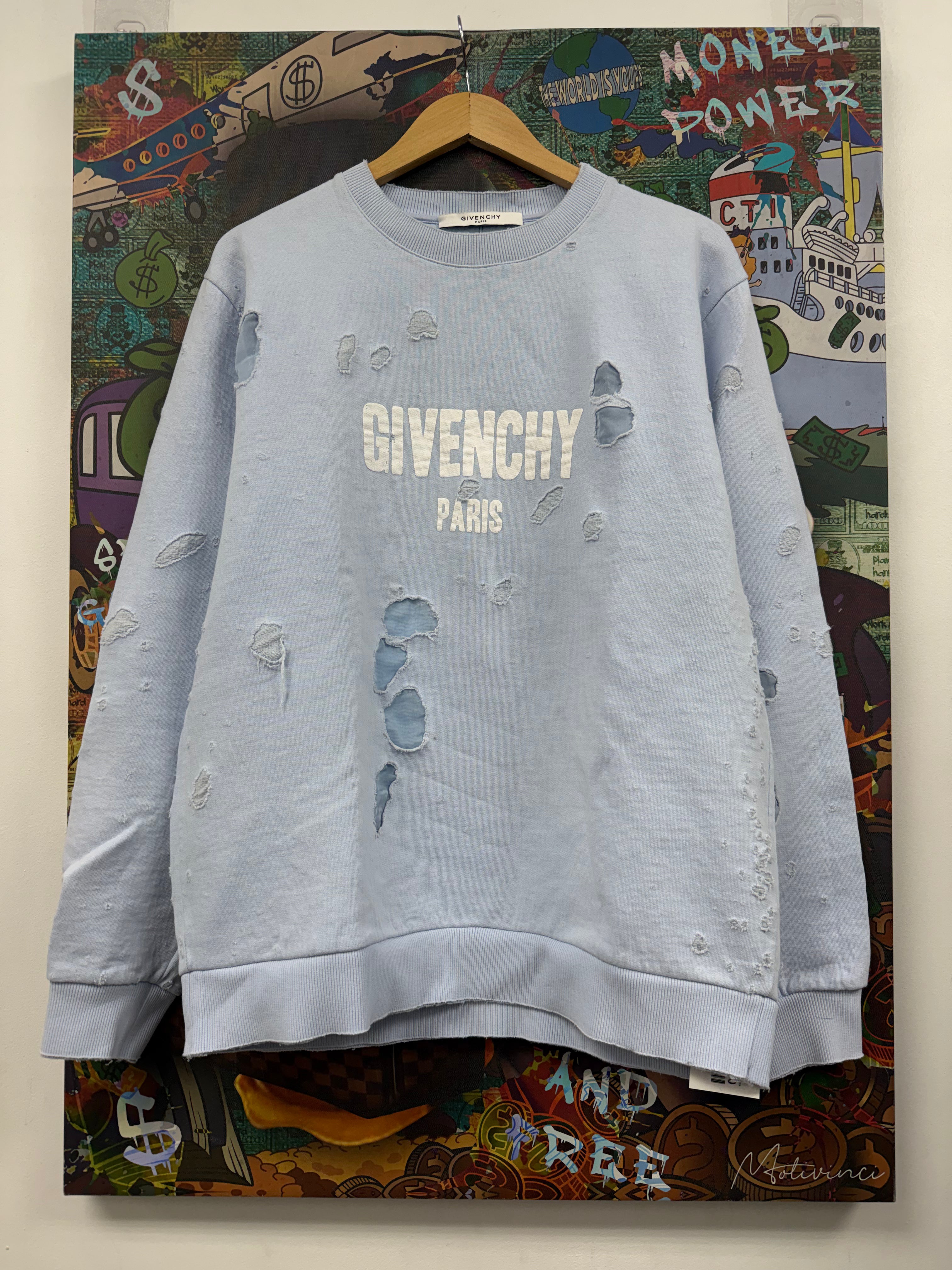 Givenchy Baby Blue Distressed Logo Crewneck