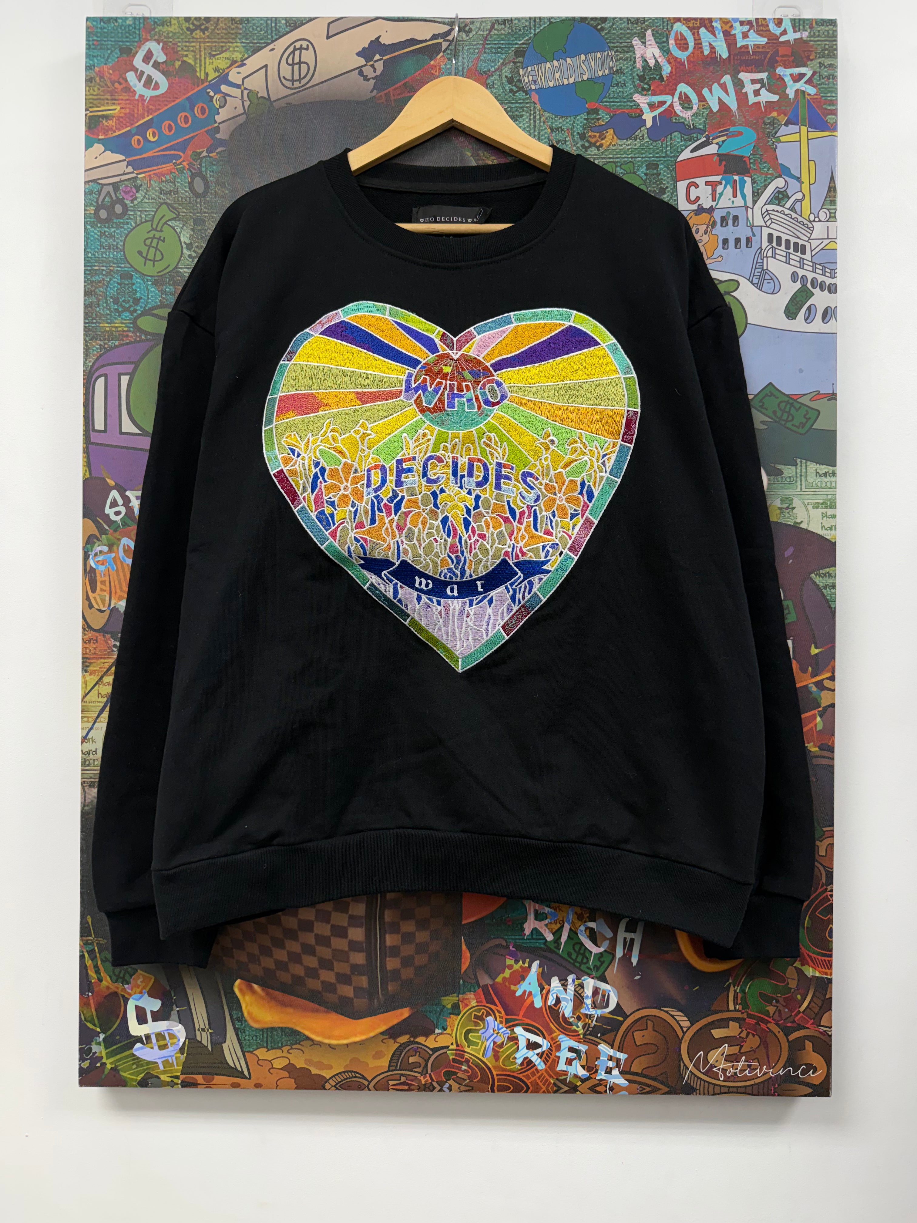 Who Decides War Black Stained Glass Heart Endearment Crewneck