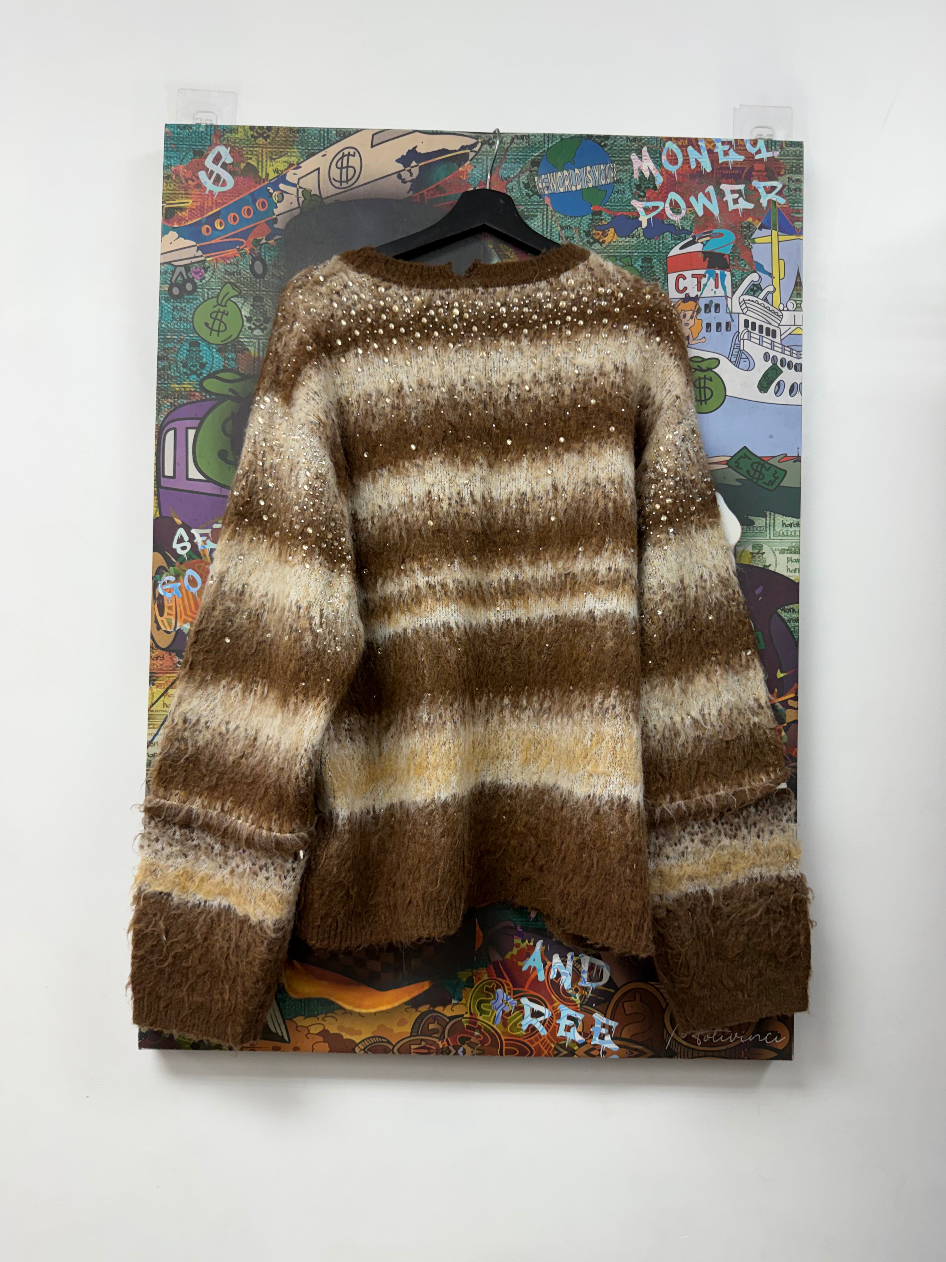 Birth Of A Royal Child Brown Striped Mohair Rhinestone Sweater