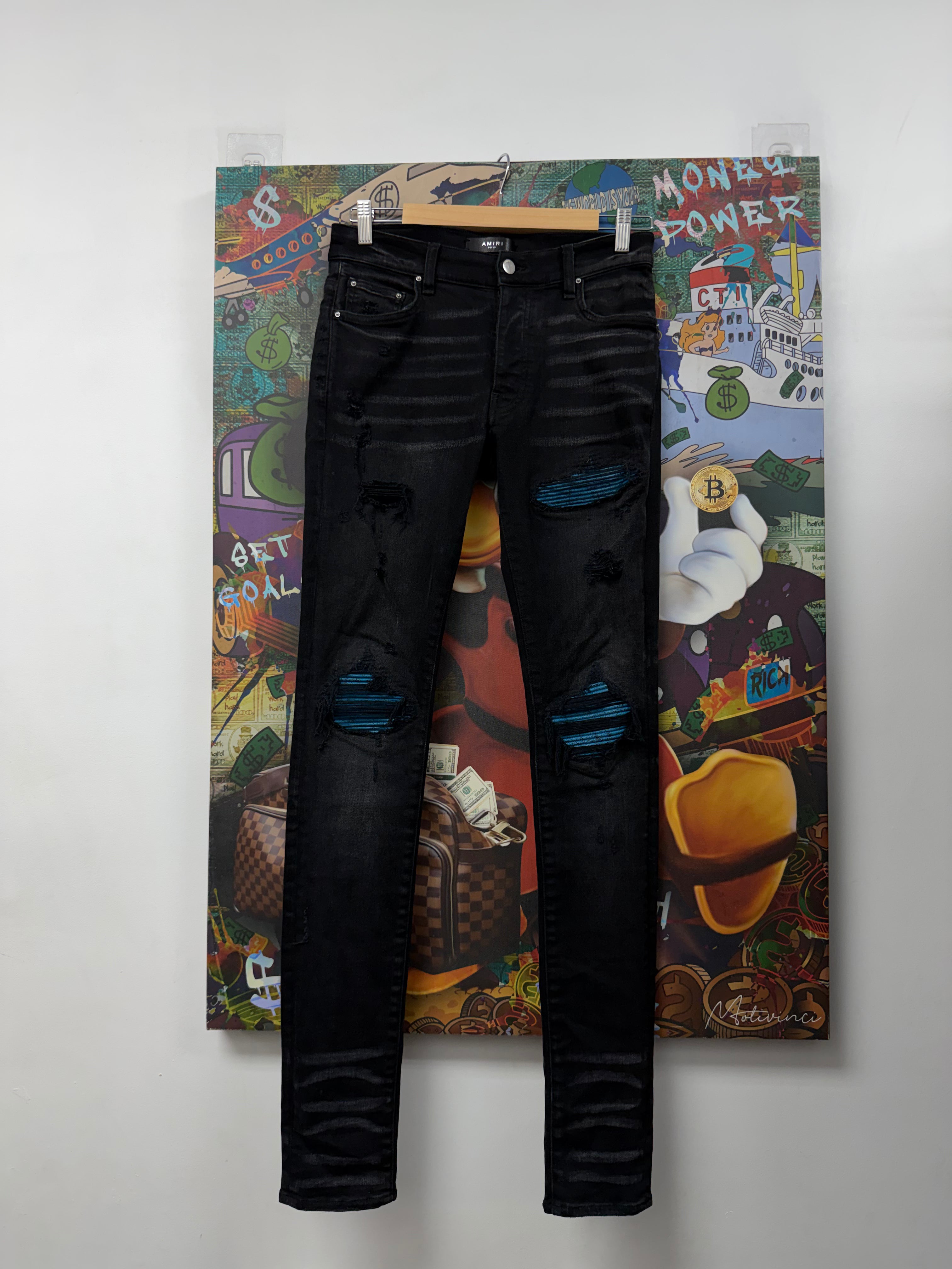 Amiri MX1 Black Wash Blue Crackle Patch Jeans