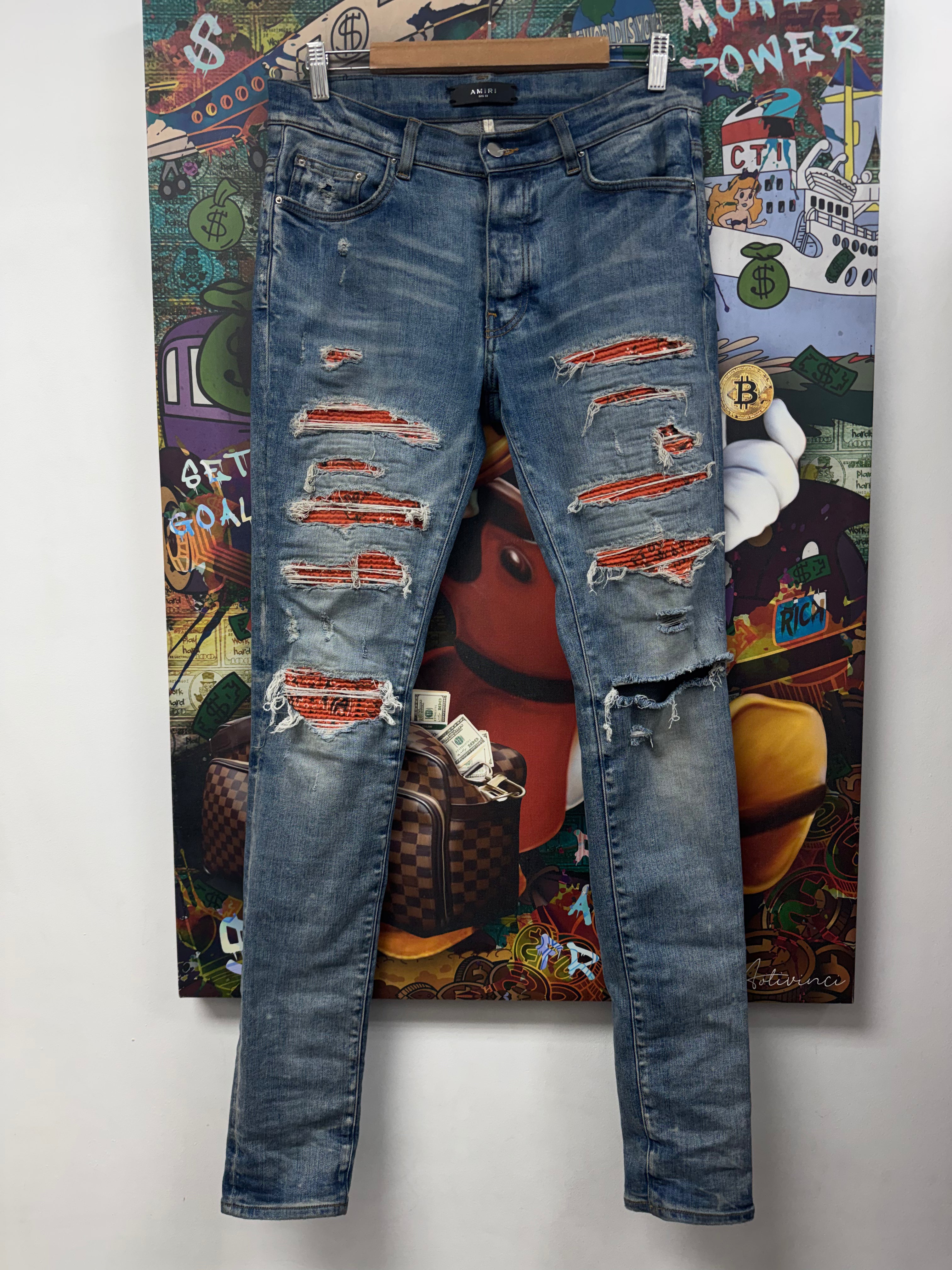 Amiri Light Wash Orange Paisley Thrasher Patch Jeans