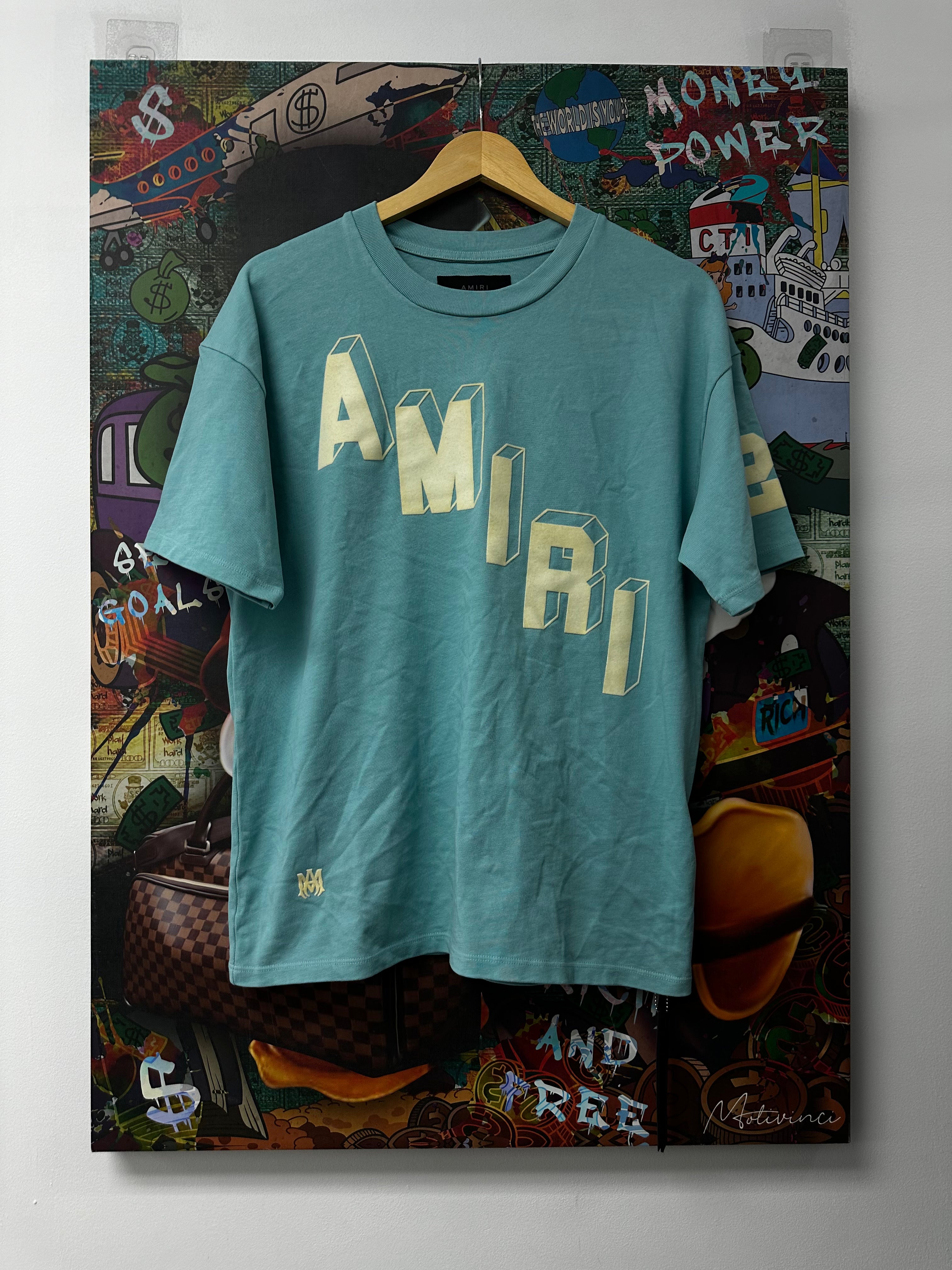Amiri Teal Cream Flocked Logo Tee