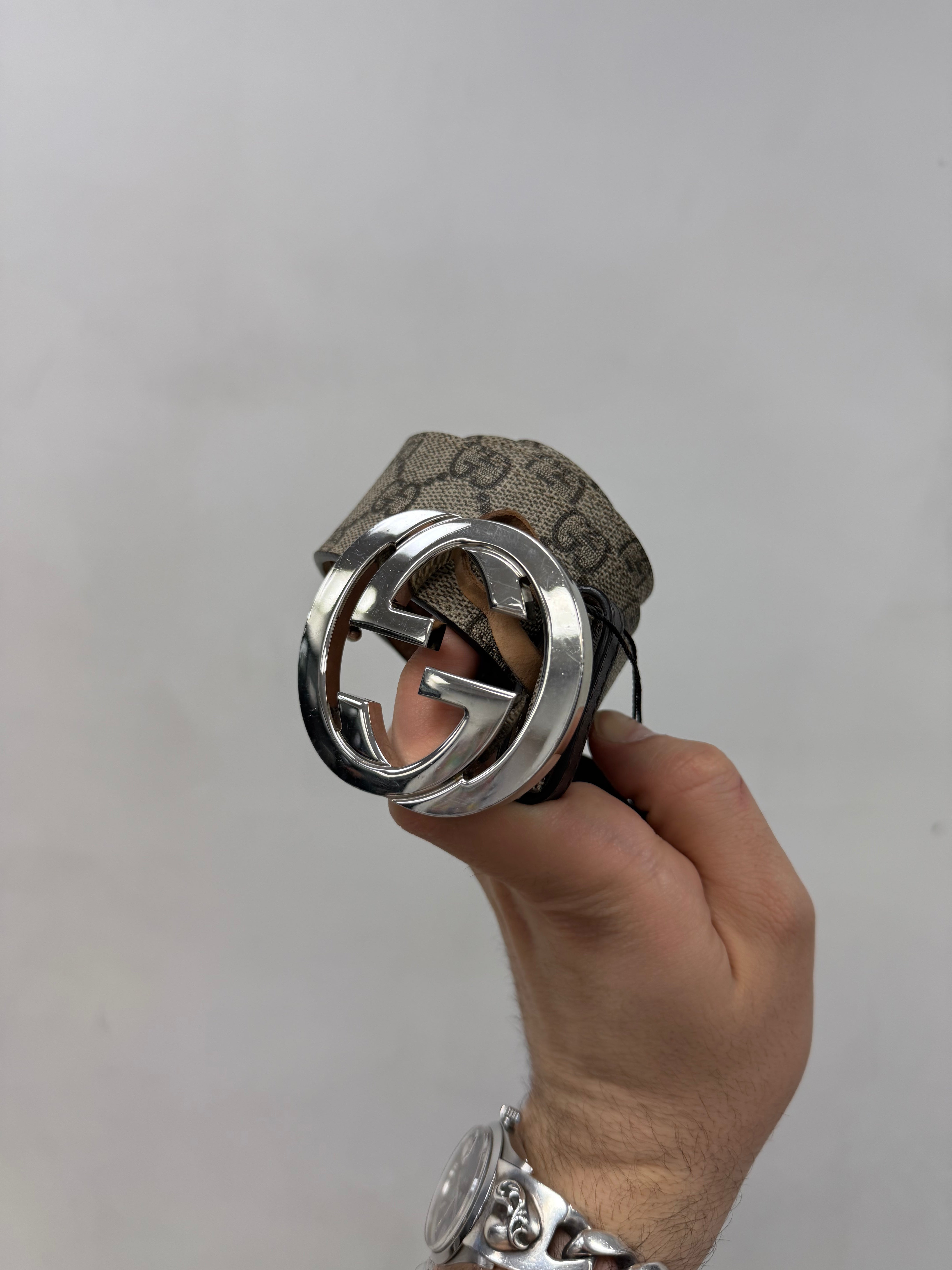 Gucci Brown Monogram Silver Buckle Belt