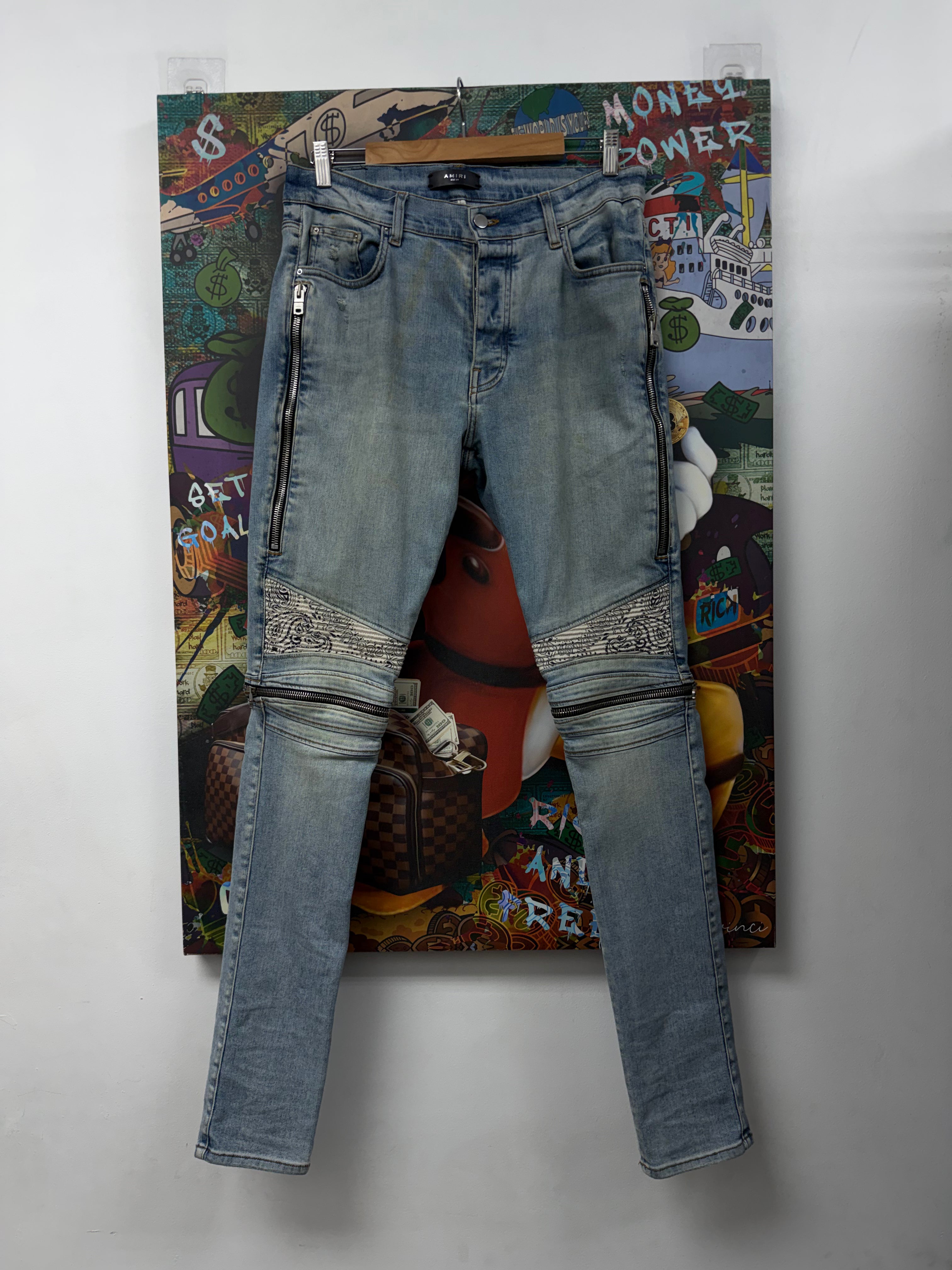 Amiri MX2 Light Wash White Paisley Patch Jeans