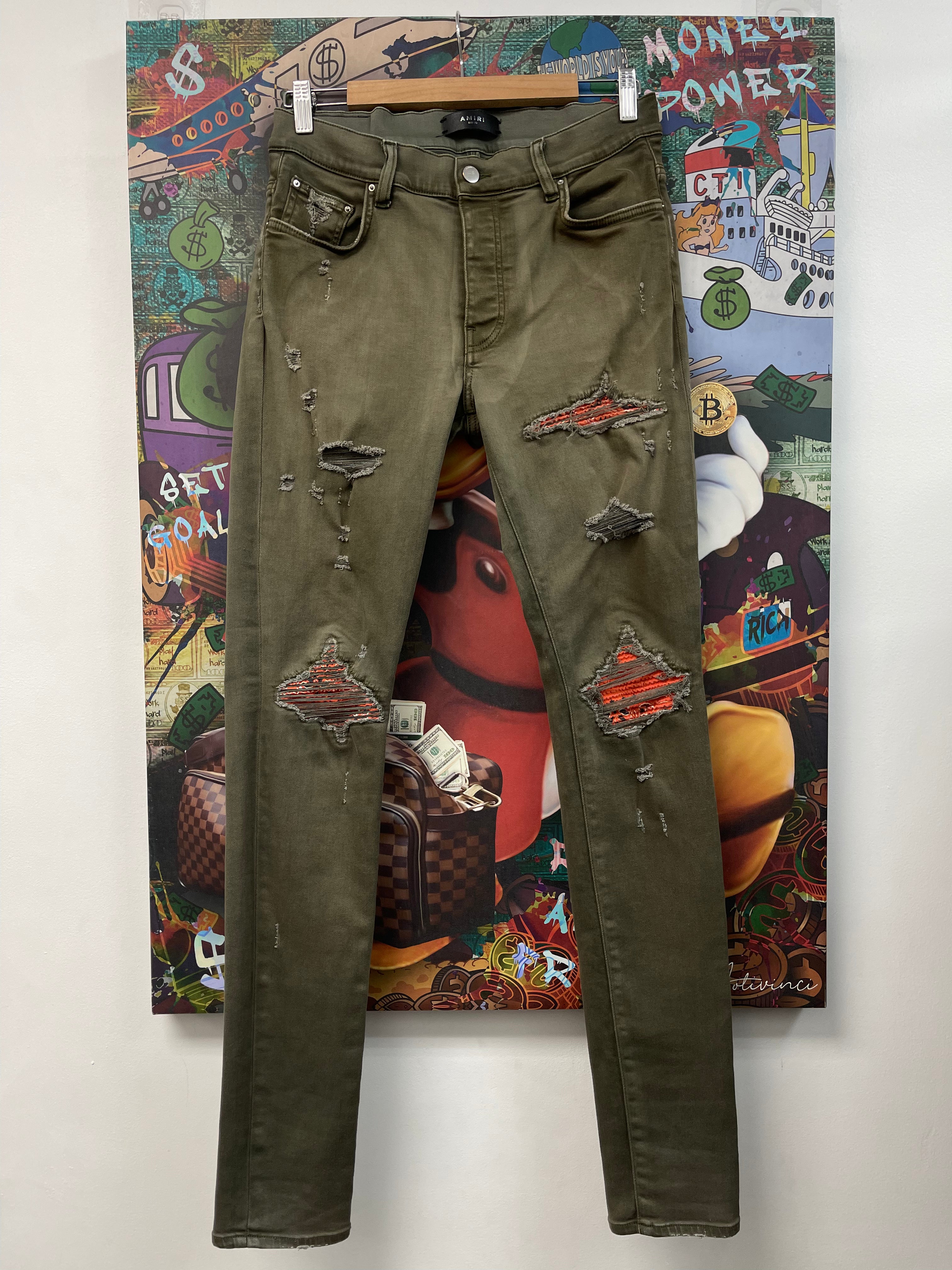 Amiri Olive Orange Paisley Patch MX1 Jeans