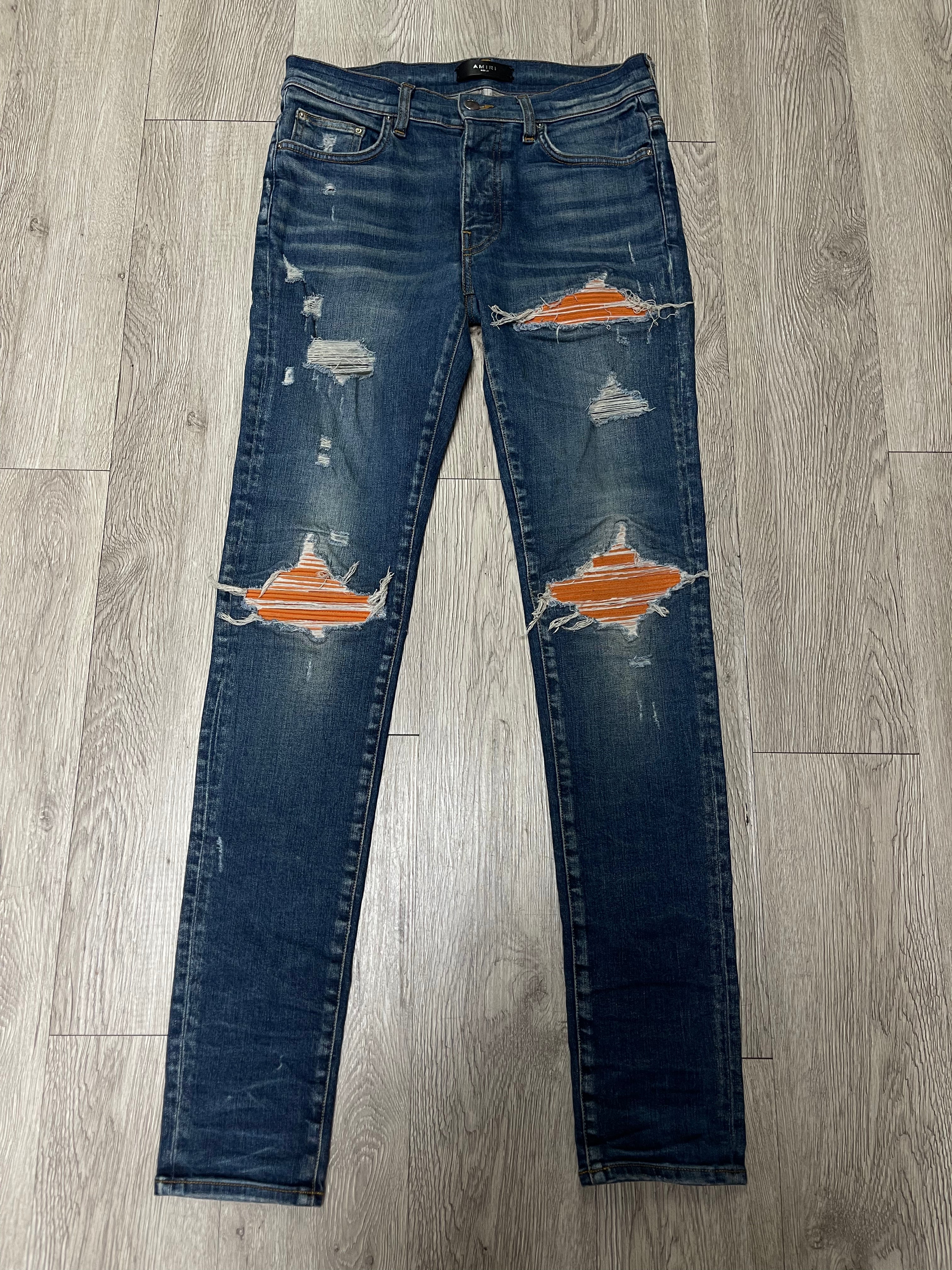 Amiri MX1 Deep Classic Orange Suede Patch Jeans