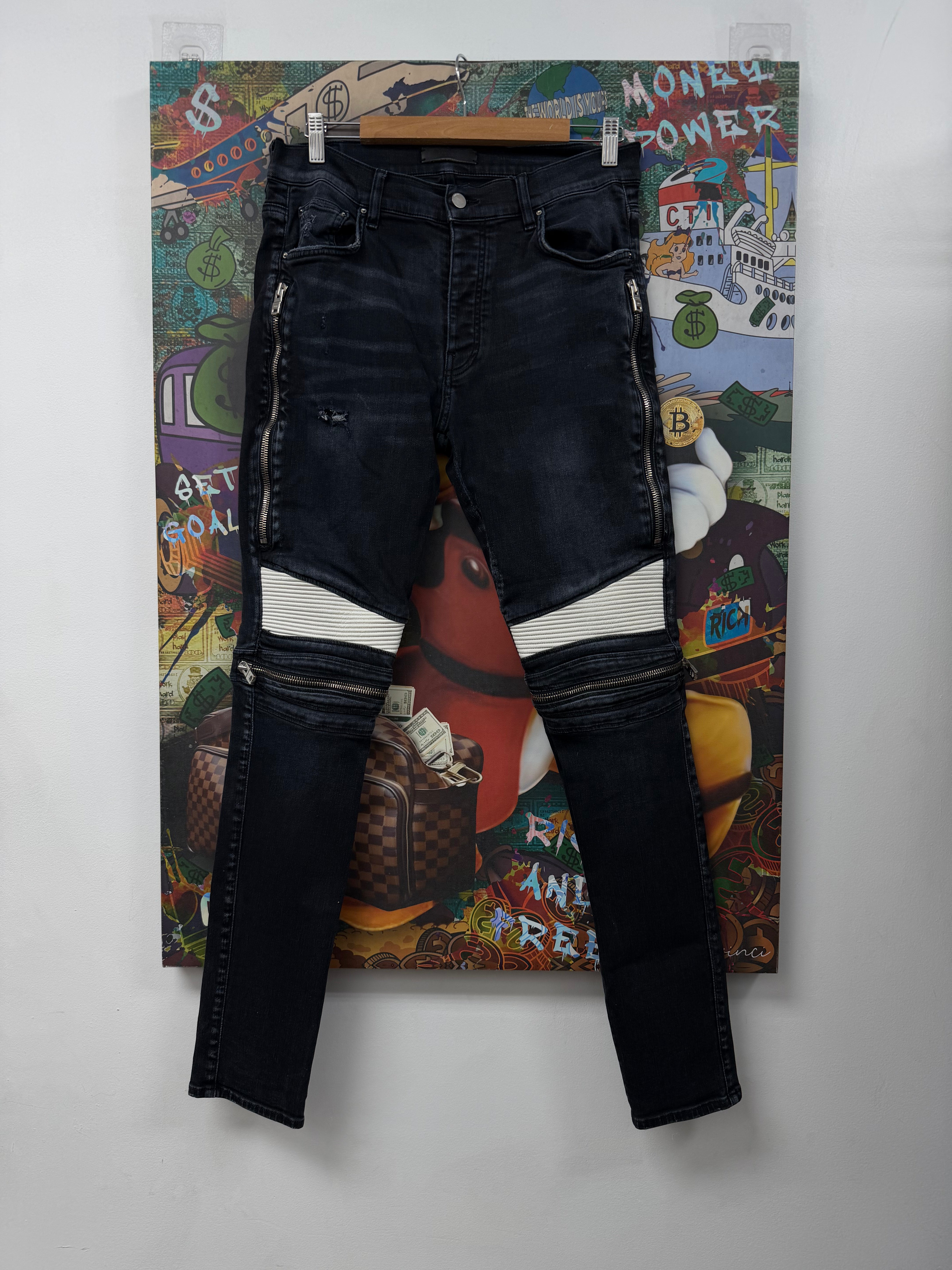 Amiri MX2 Black Wash White Leather Patch Jeans
