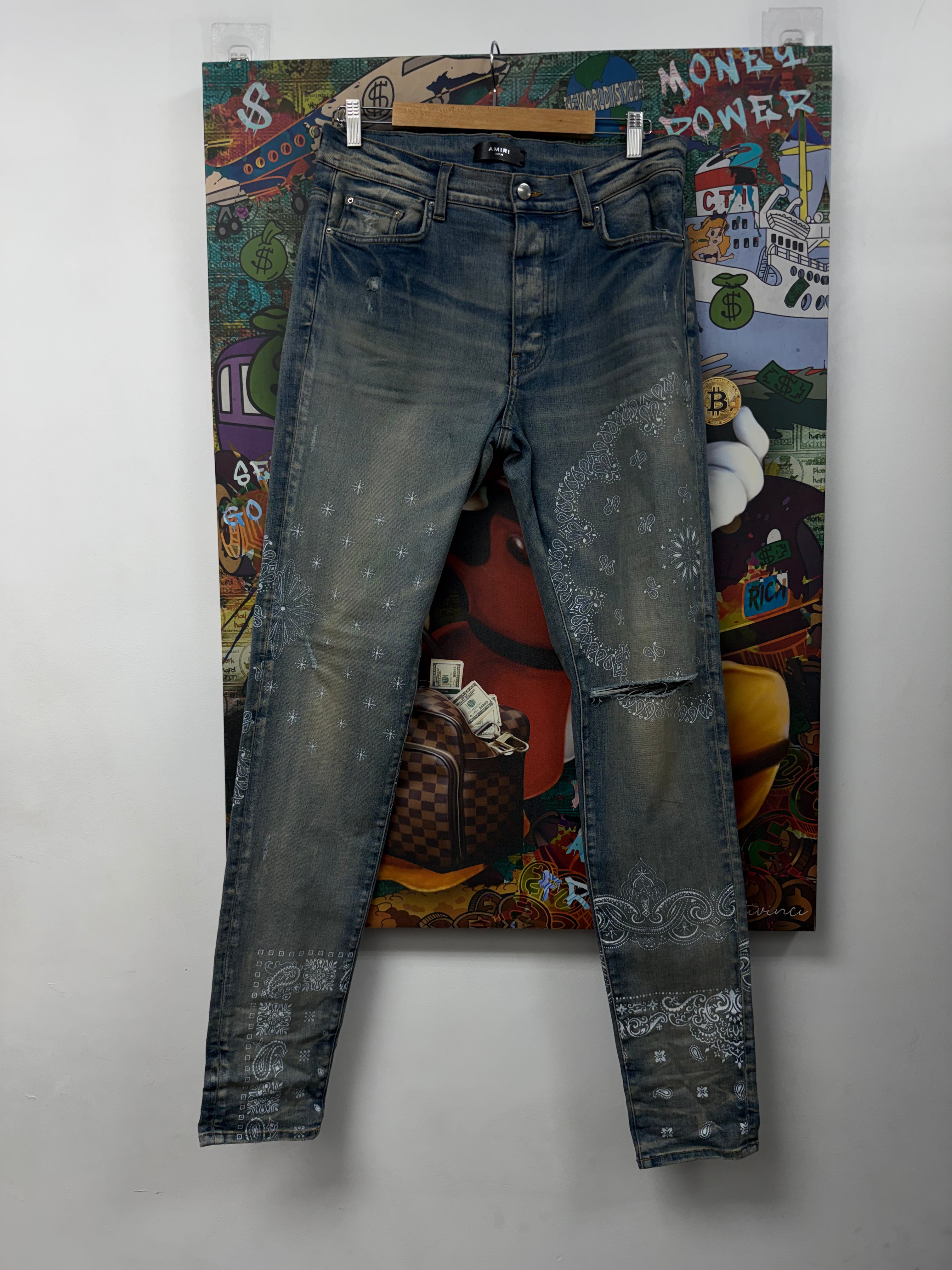 Amiri Light Wash Paisley Monogram Thrasher Jeans