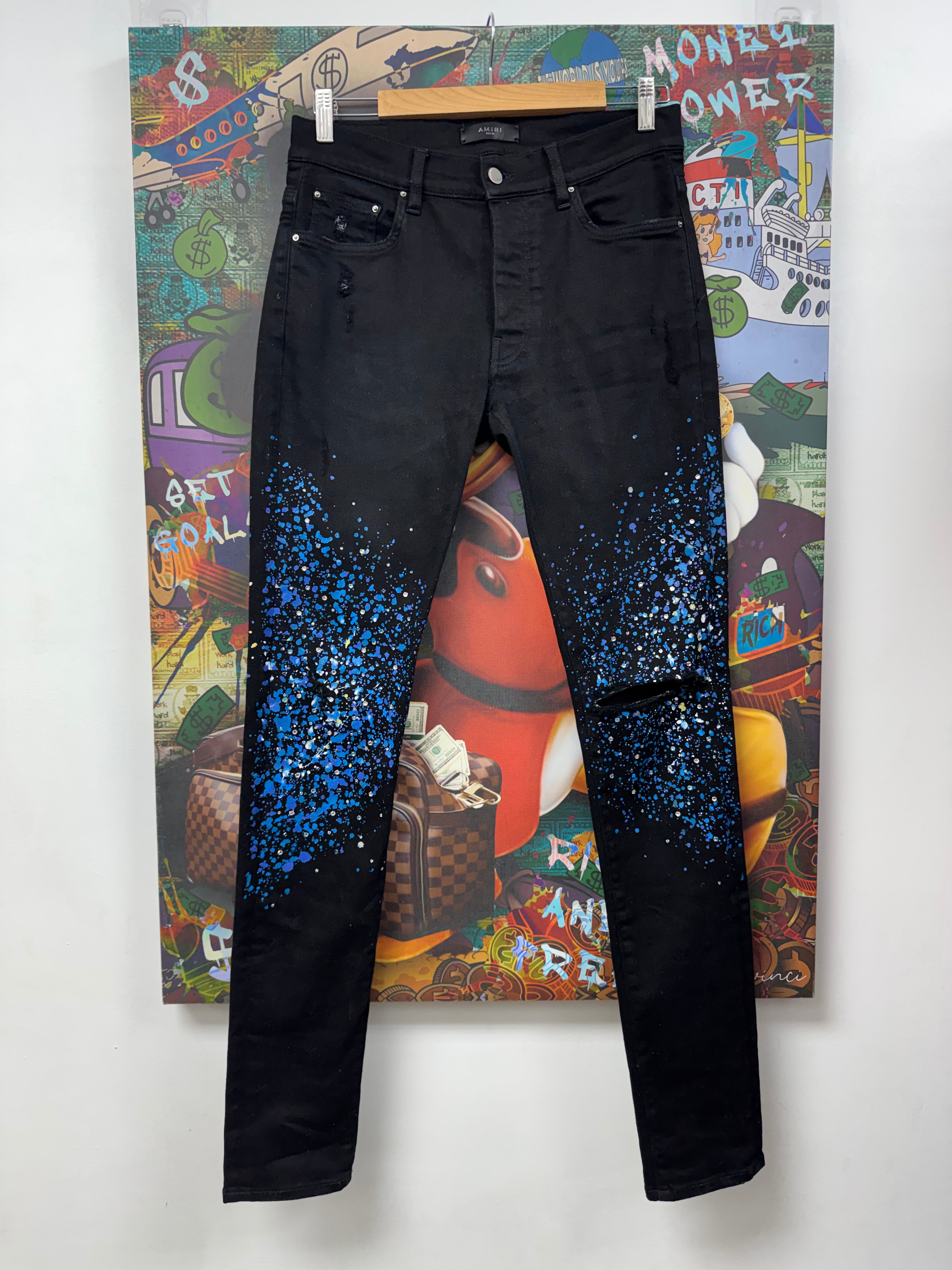 Amiri Black Crystal Paint Splatter Jeans