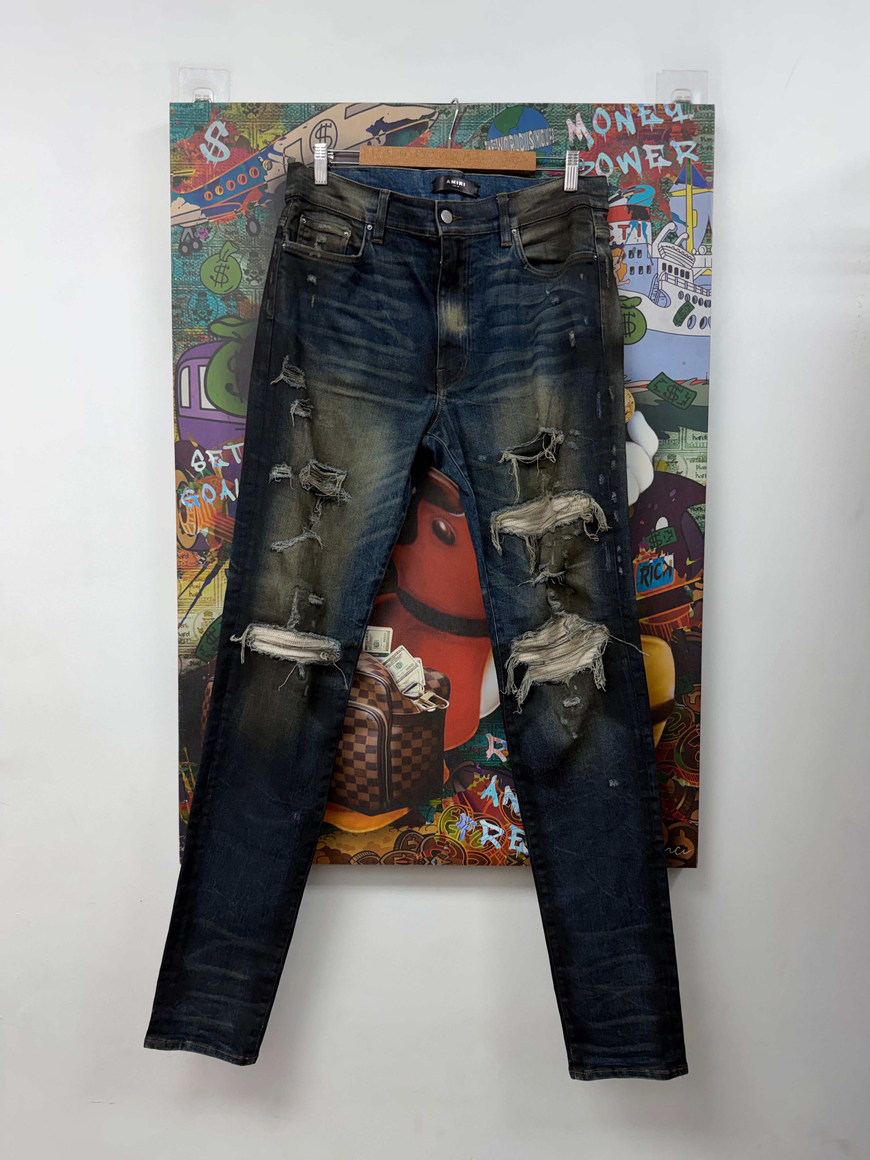 Amiri MX1 Dark Wash Waxed Wool Patch Jeans