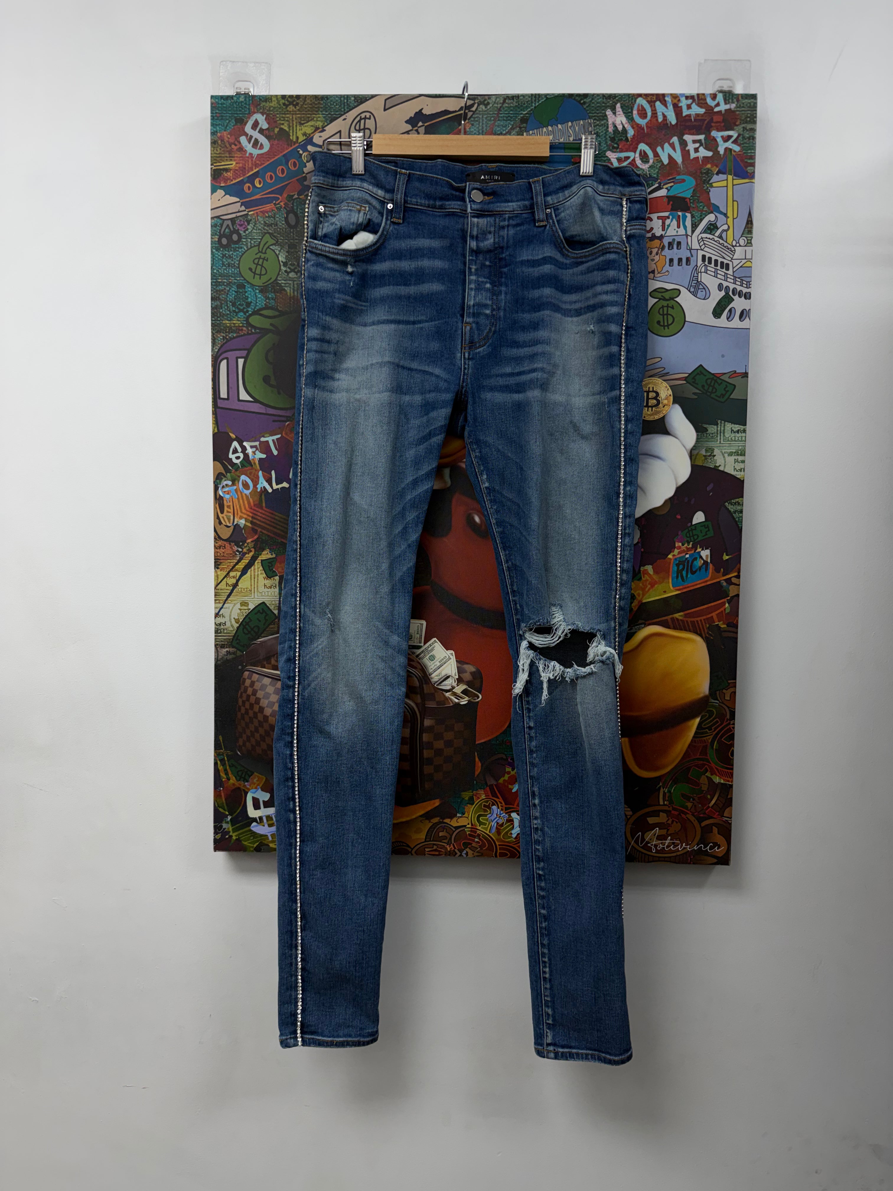 Amiri Light Wash Crystal Stripe Jeans