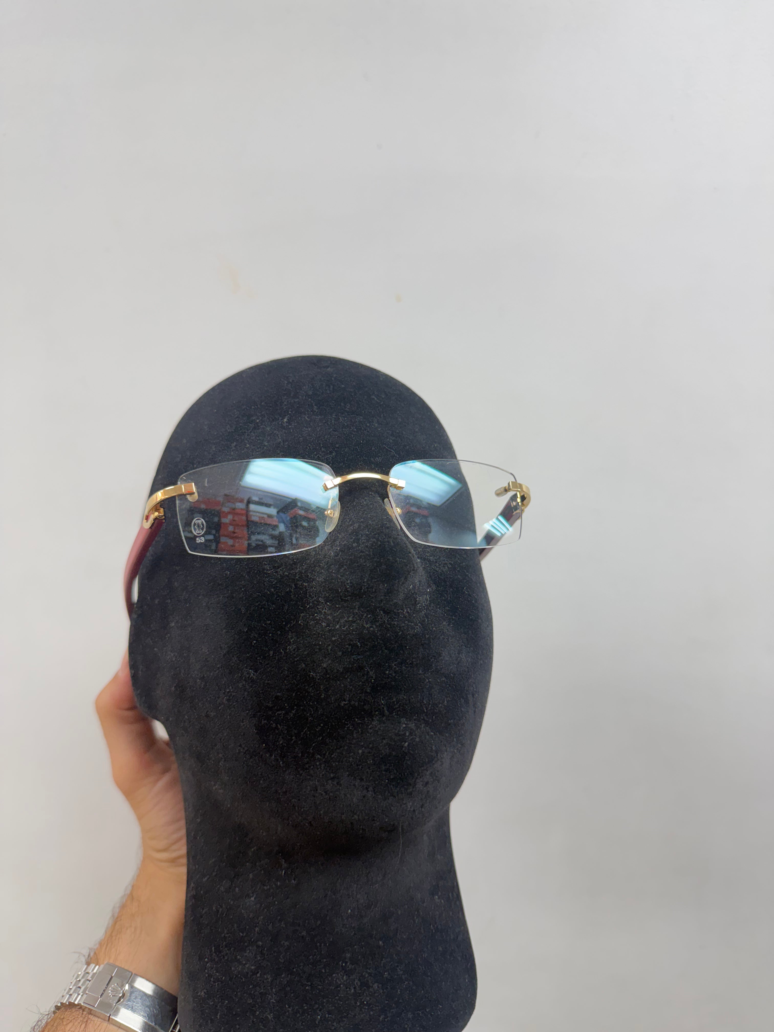 Cartier Red Cherry Wood Clear Gold C Wire Glasses