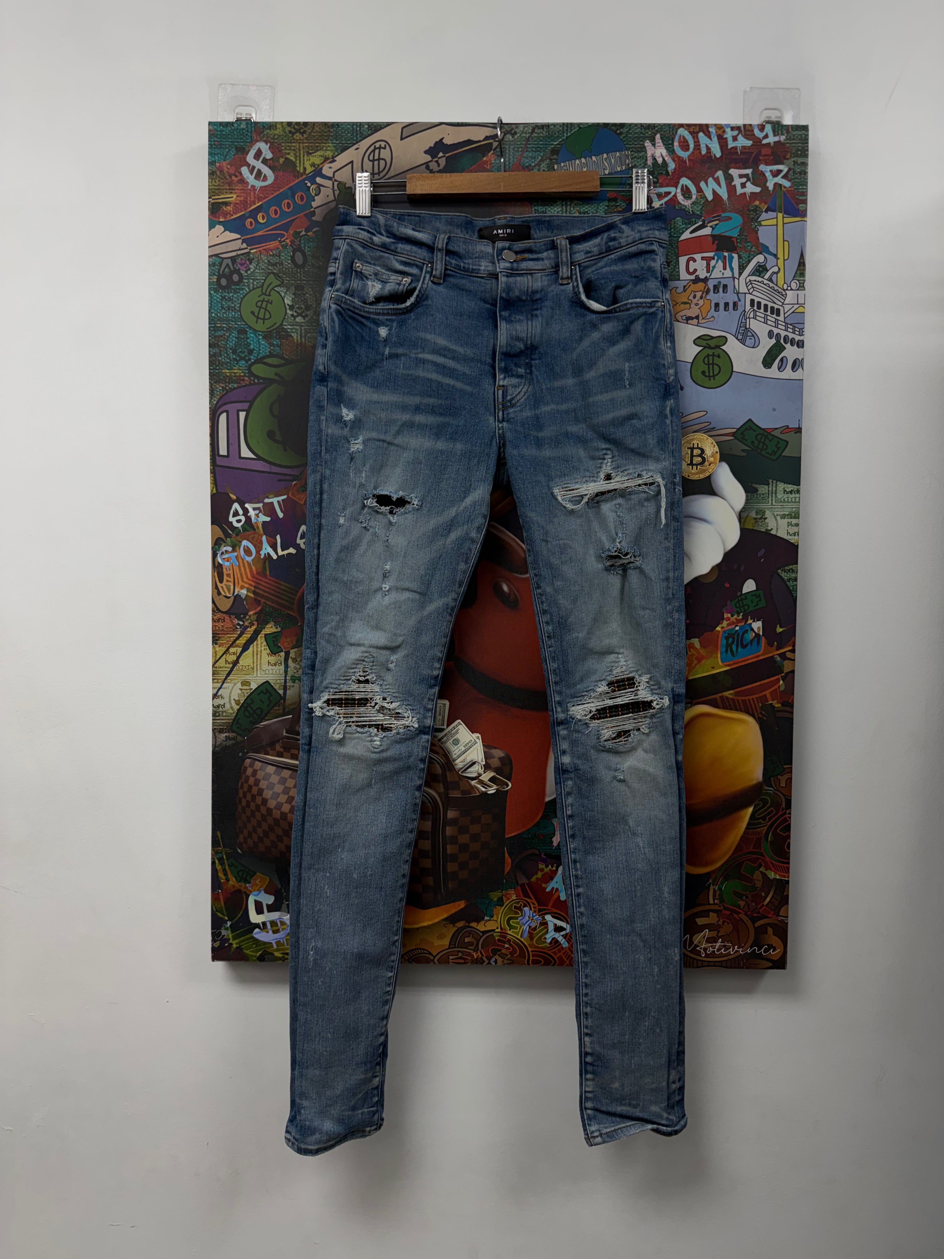 Amiri MX1 Light Wash Green Orange Plaid Patch Jeans
