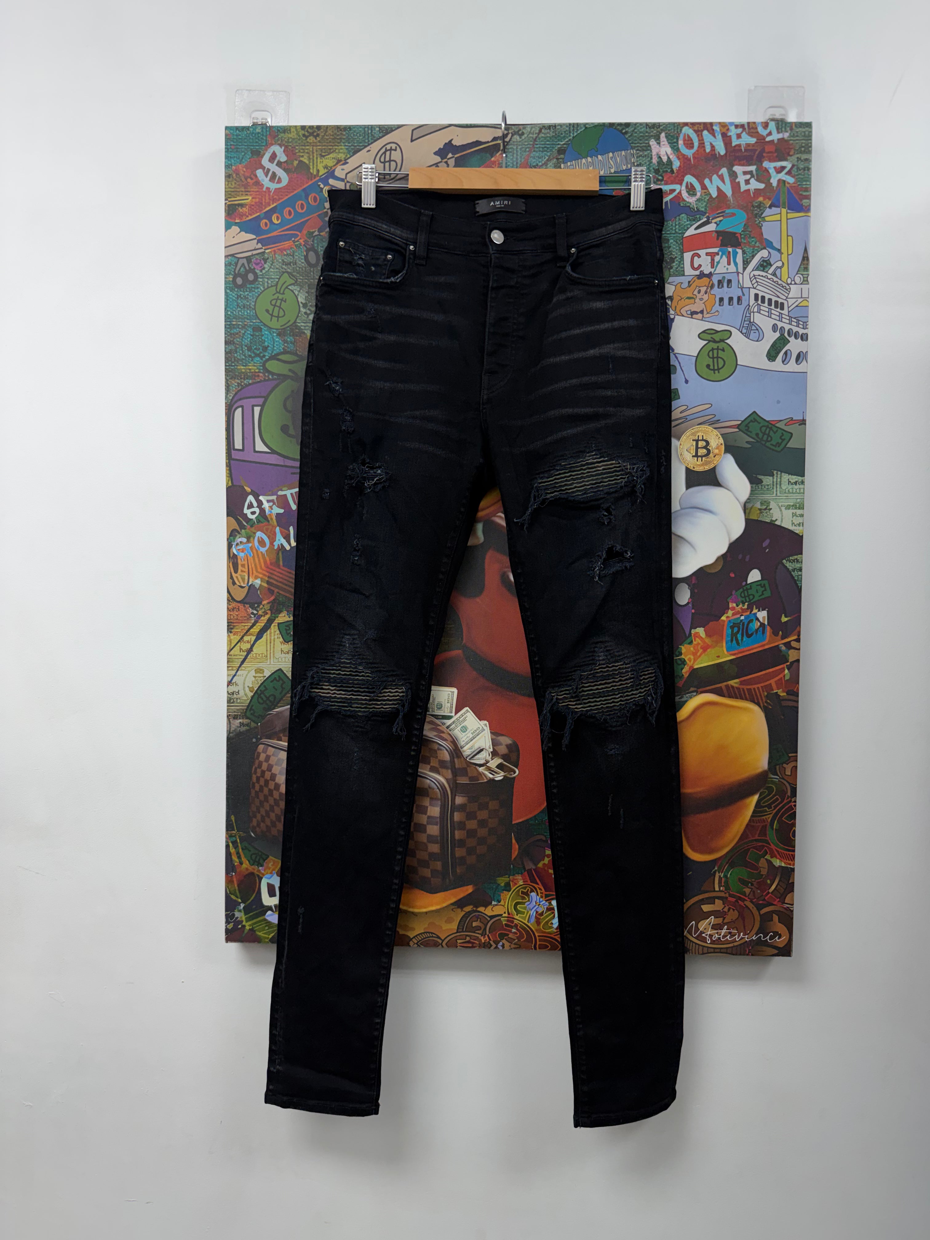 Amiri MX1 Black Wash Camo Patch Jeans