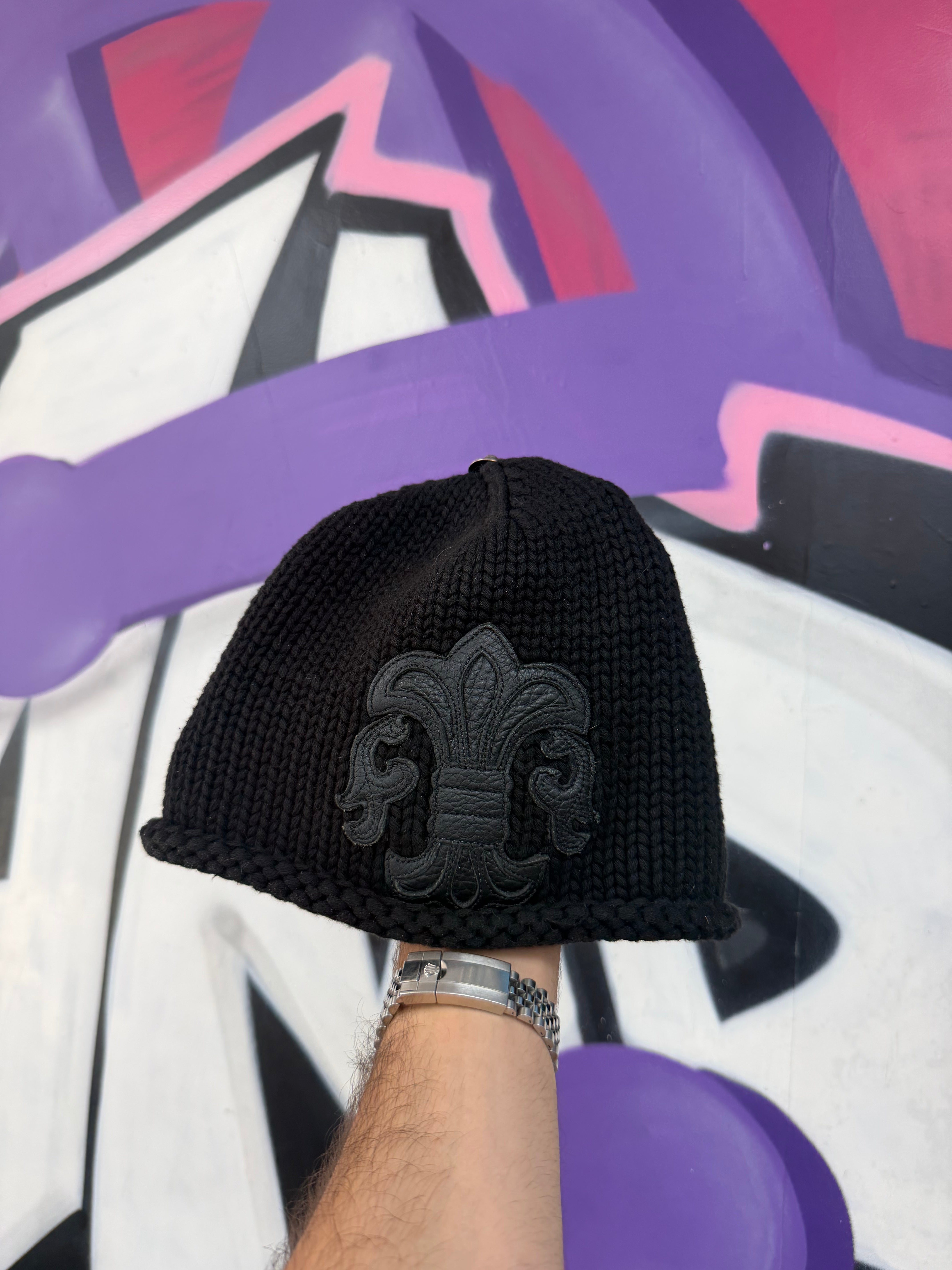 Chrome Hearts Black Knit Leather Fleur Patch Beanie