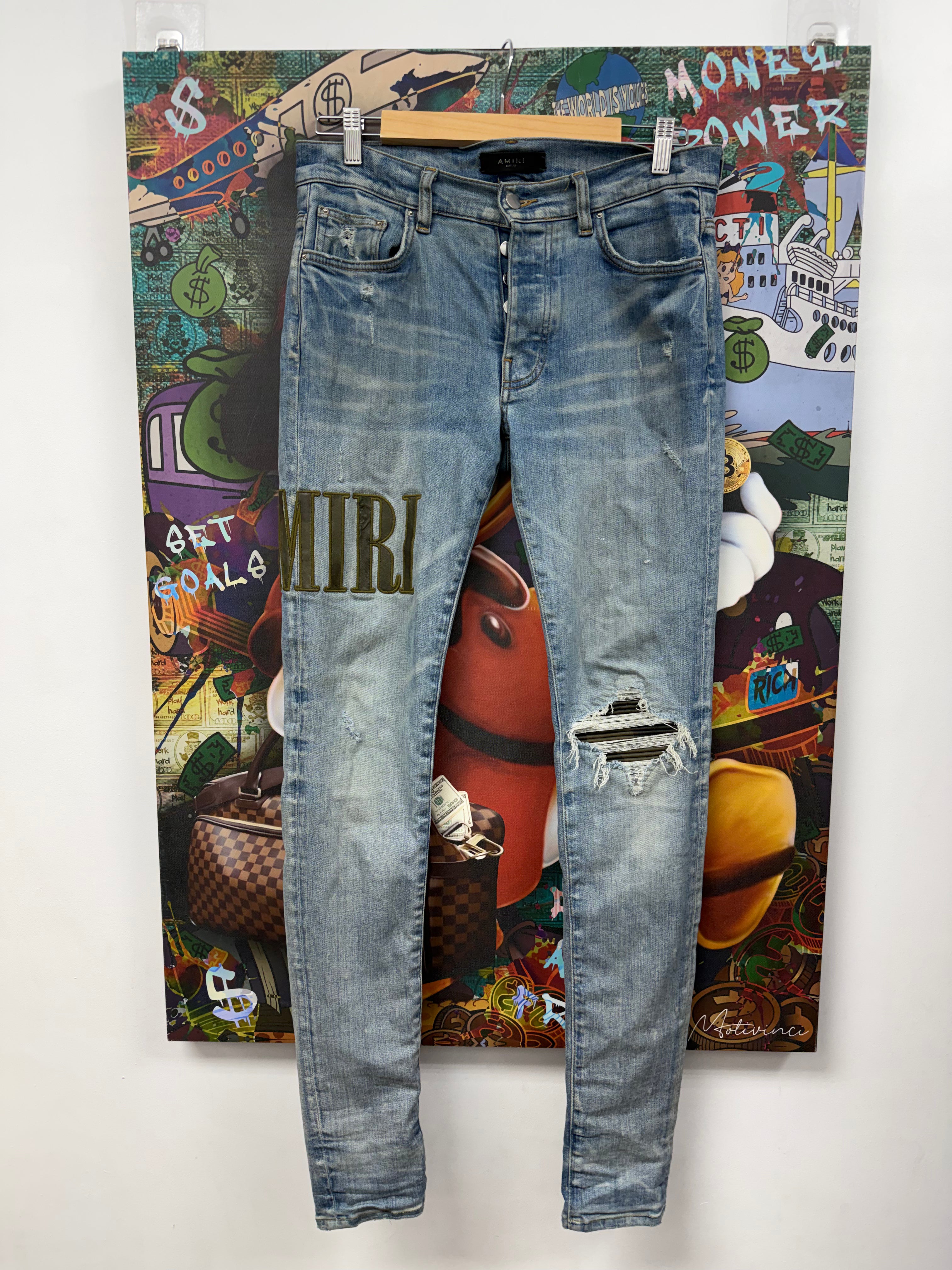 Amiri Light Wash Camo Patch Side Logo Jeans