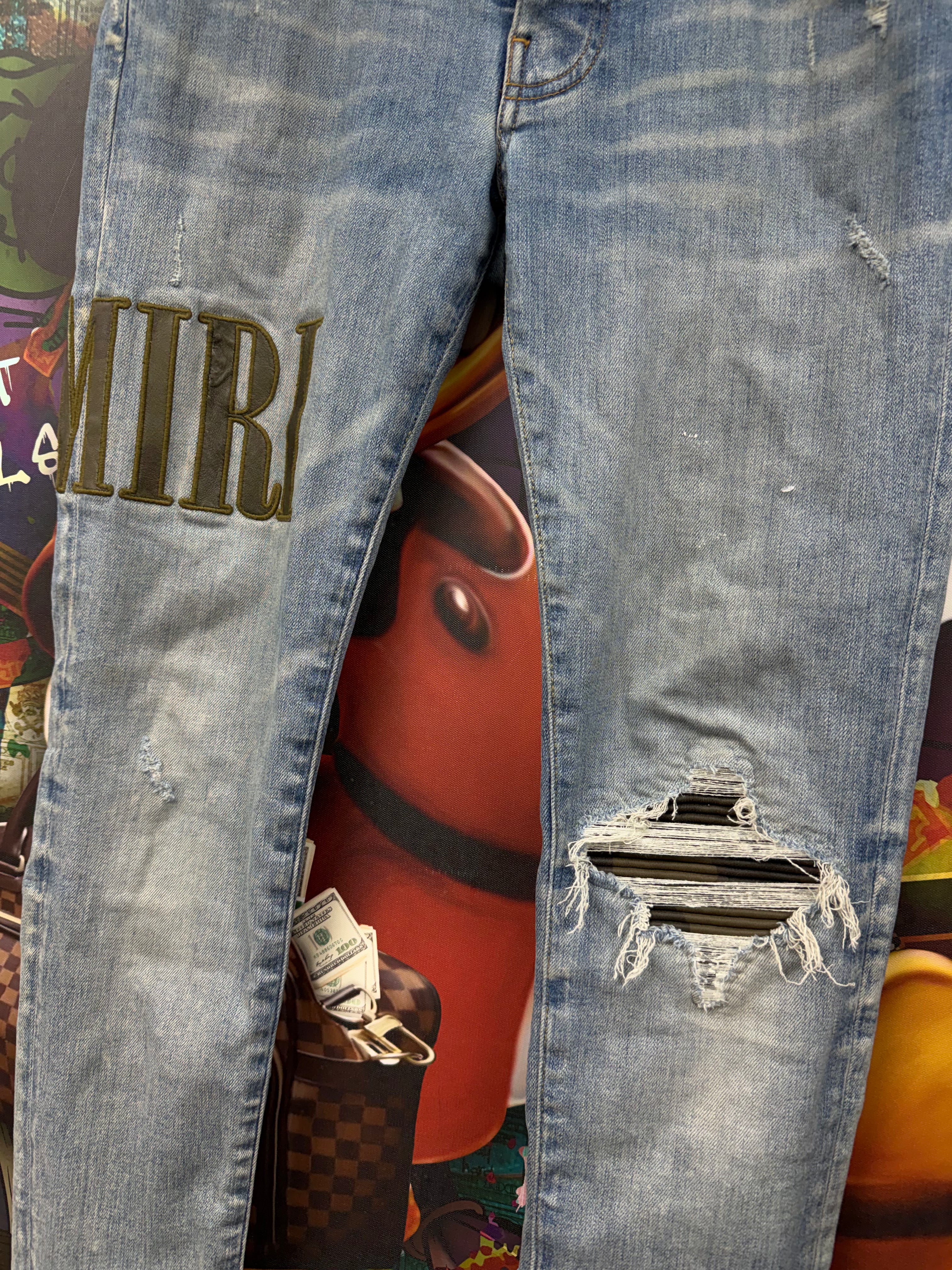 Amiri Light Wash Camo Patch Side Logo Jeans