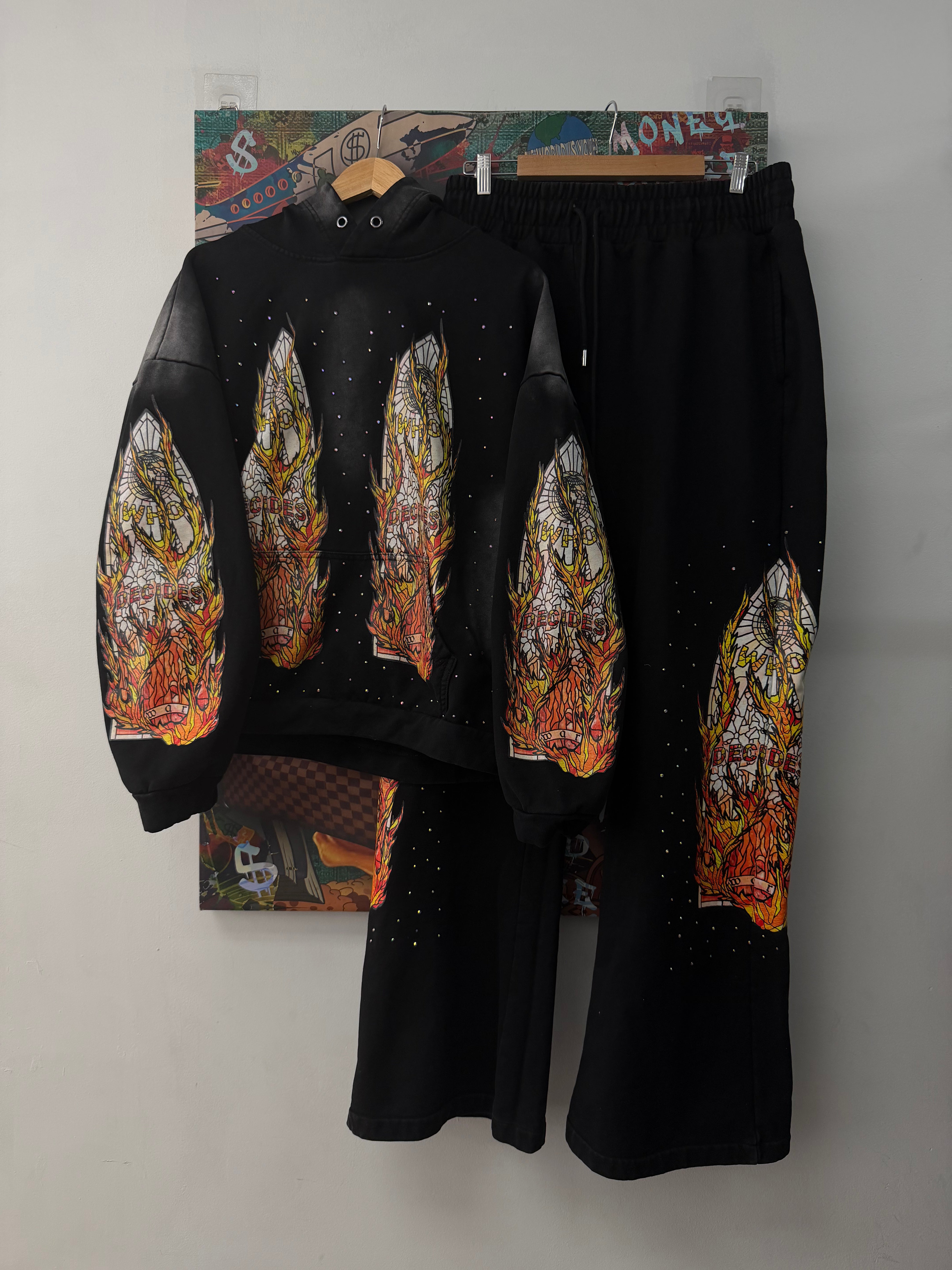 Who Decides War Black Flames Glass Sweatsuit
