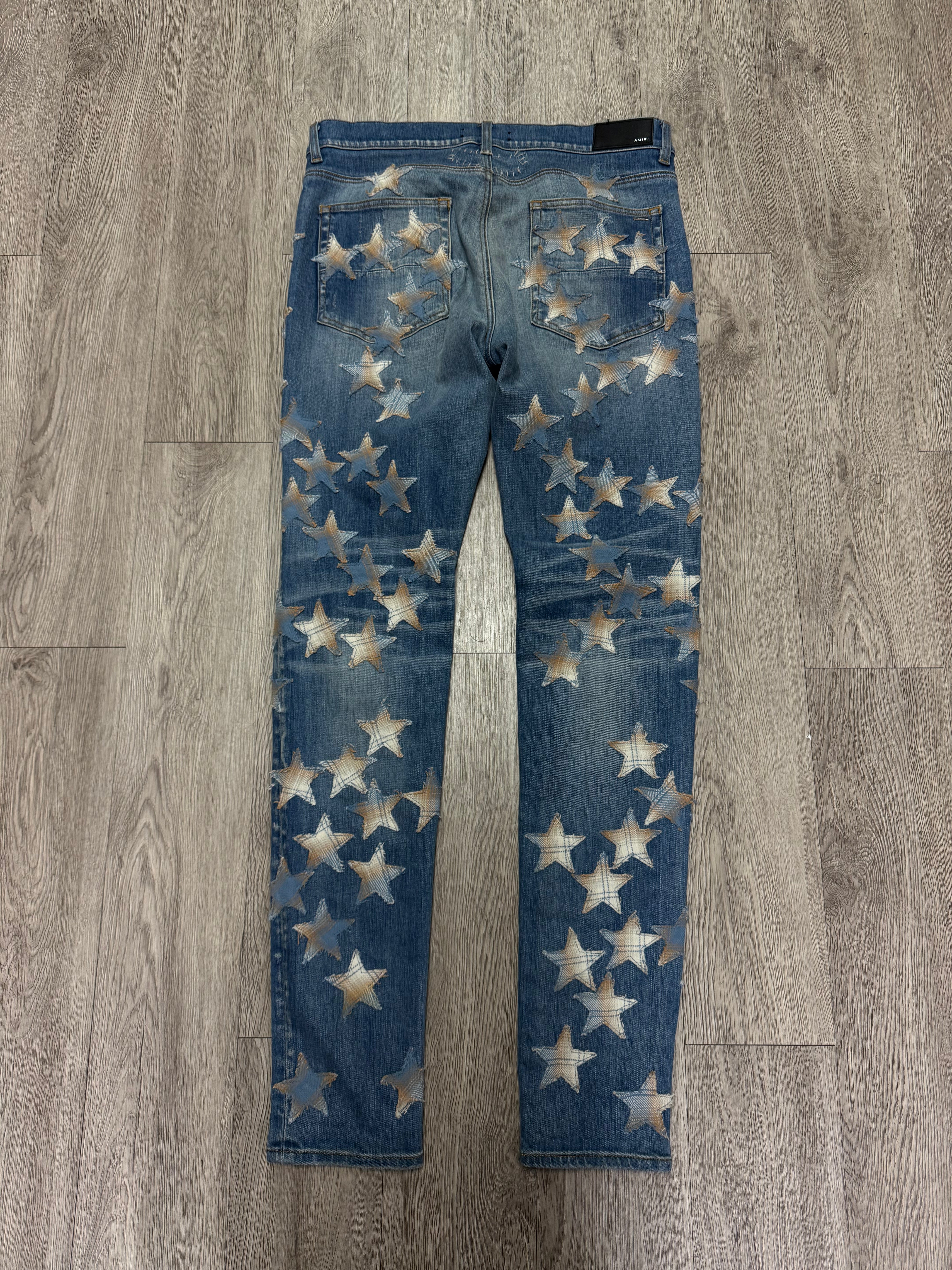 Amiri Light Wash Denim Cream Plaid Flannel Patch Jeans