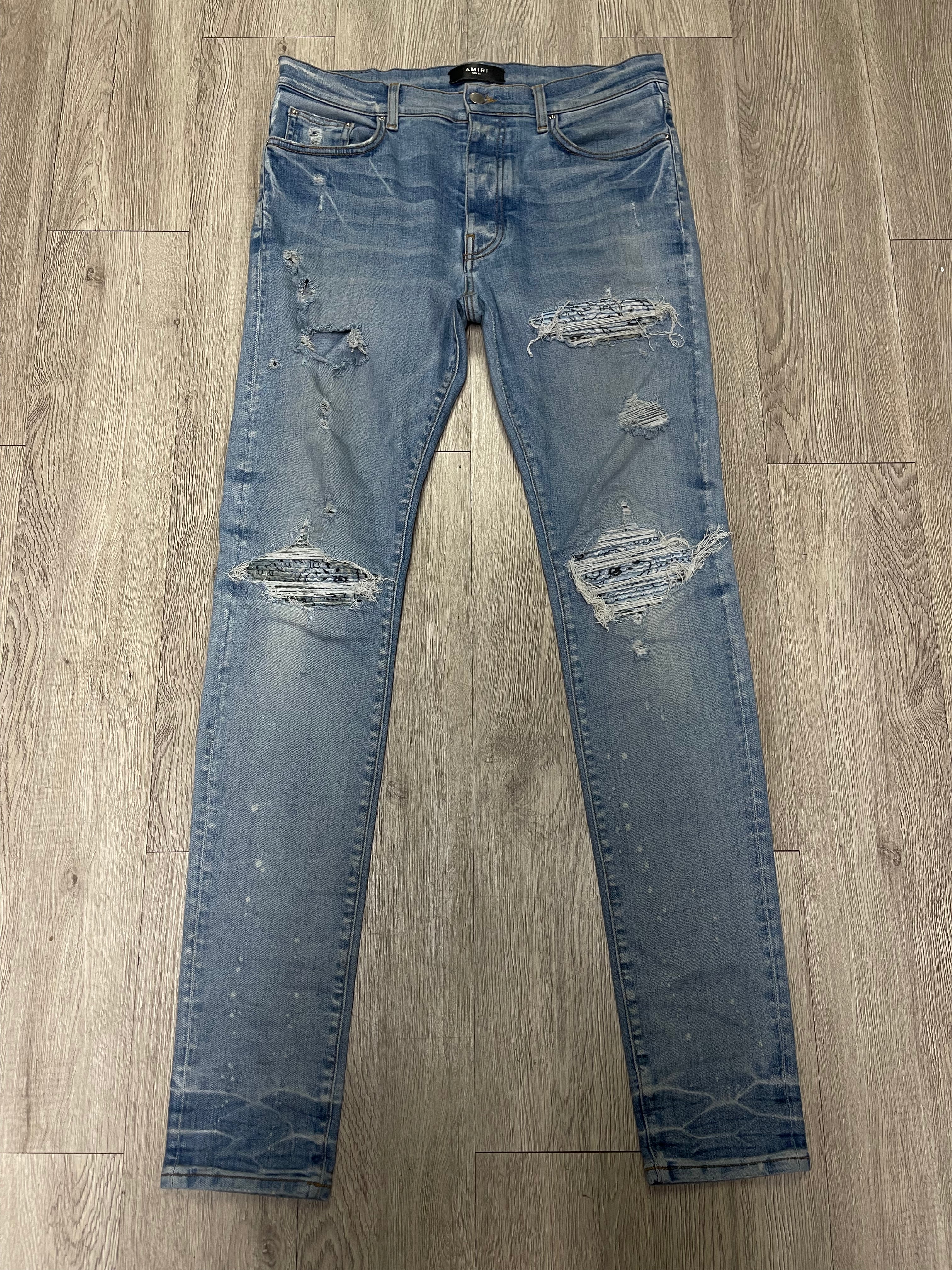 Amiri MX1 Light Indigo Baby Blue Paisley Patch Jeans