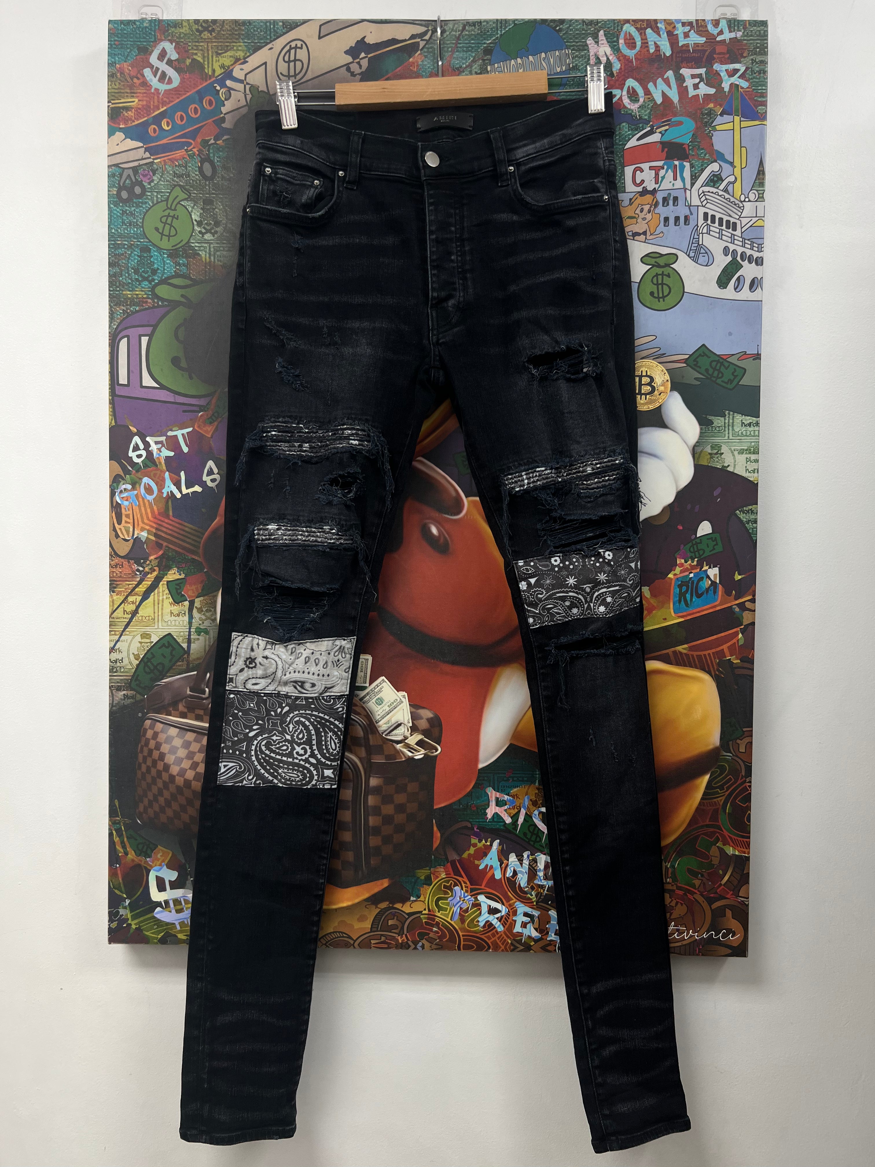 Amiri Black Wash Black Paisley Patchwork Jeans