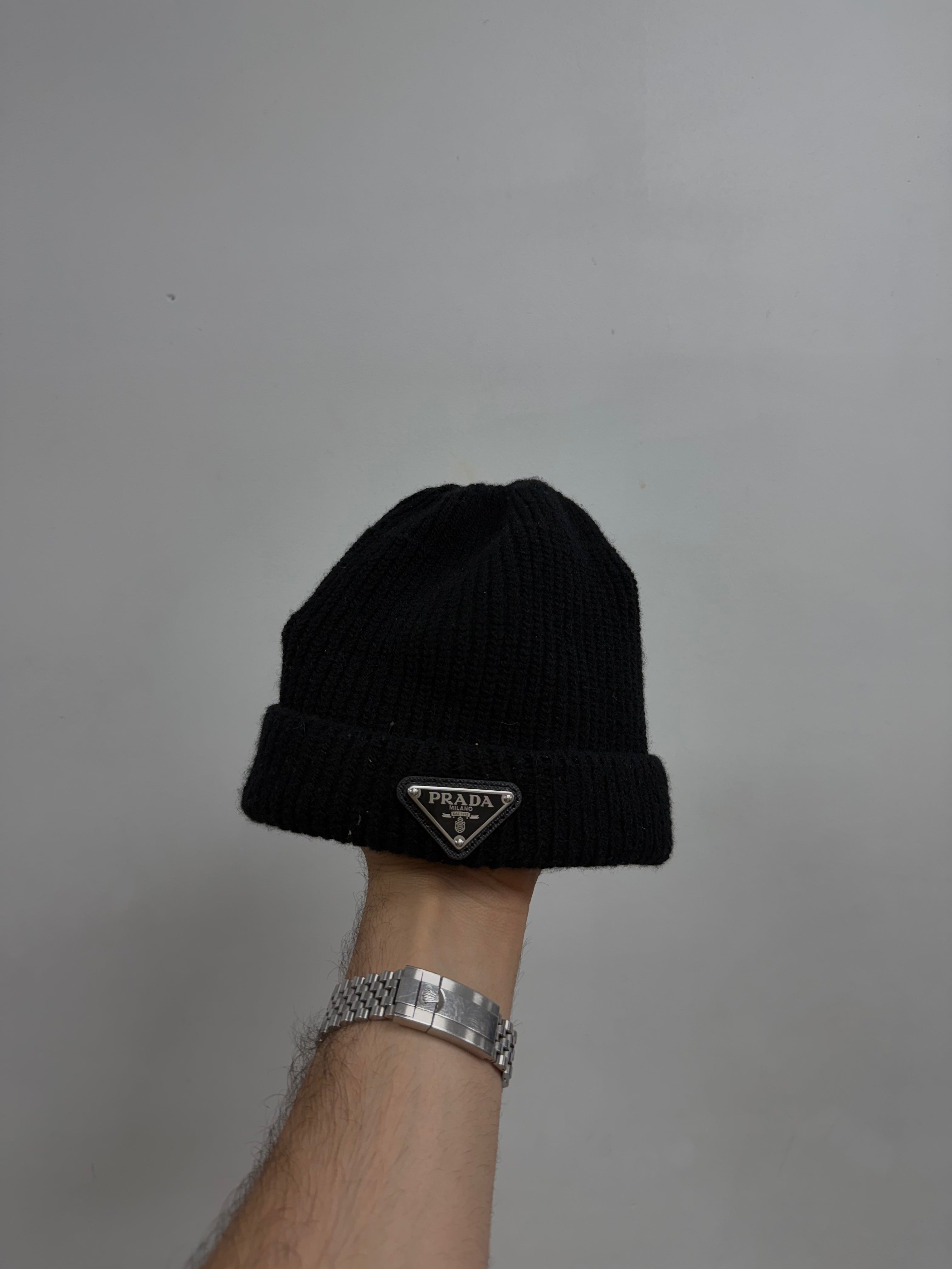 Prada Black Plaque Skull Cap Beanie