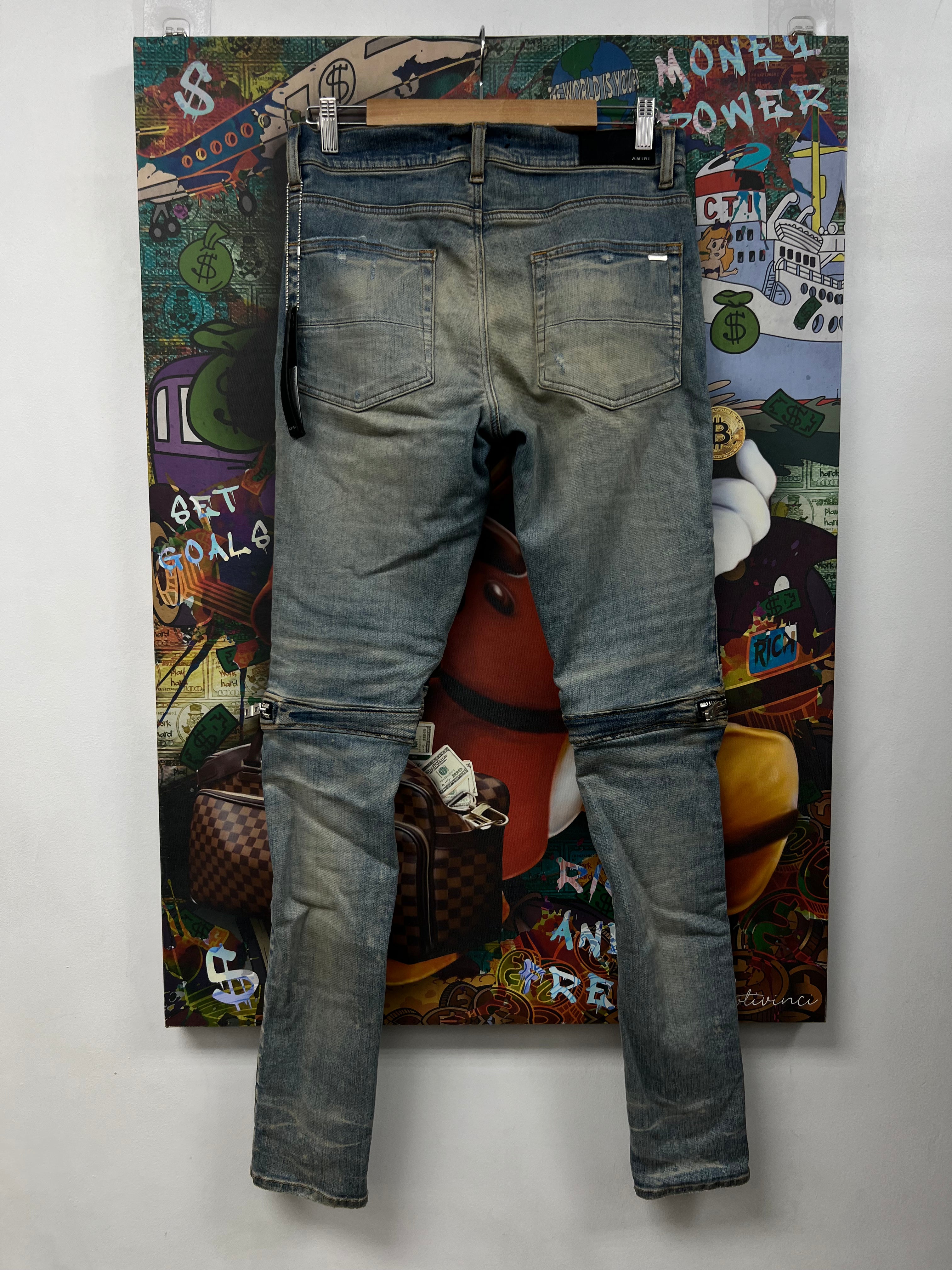 Amiri MX2 Light Wash Blue Black Plaid Patch Jeans
