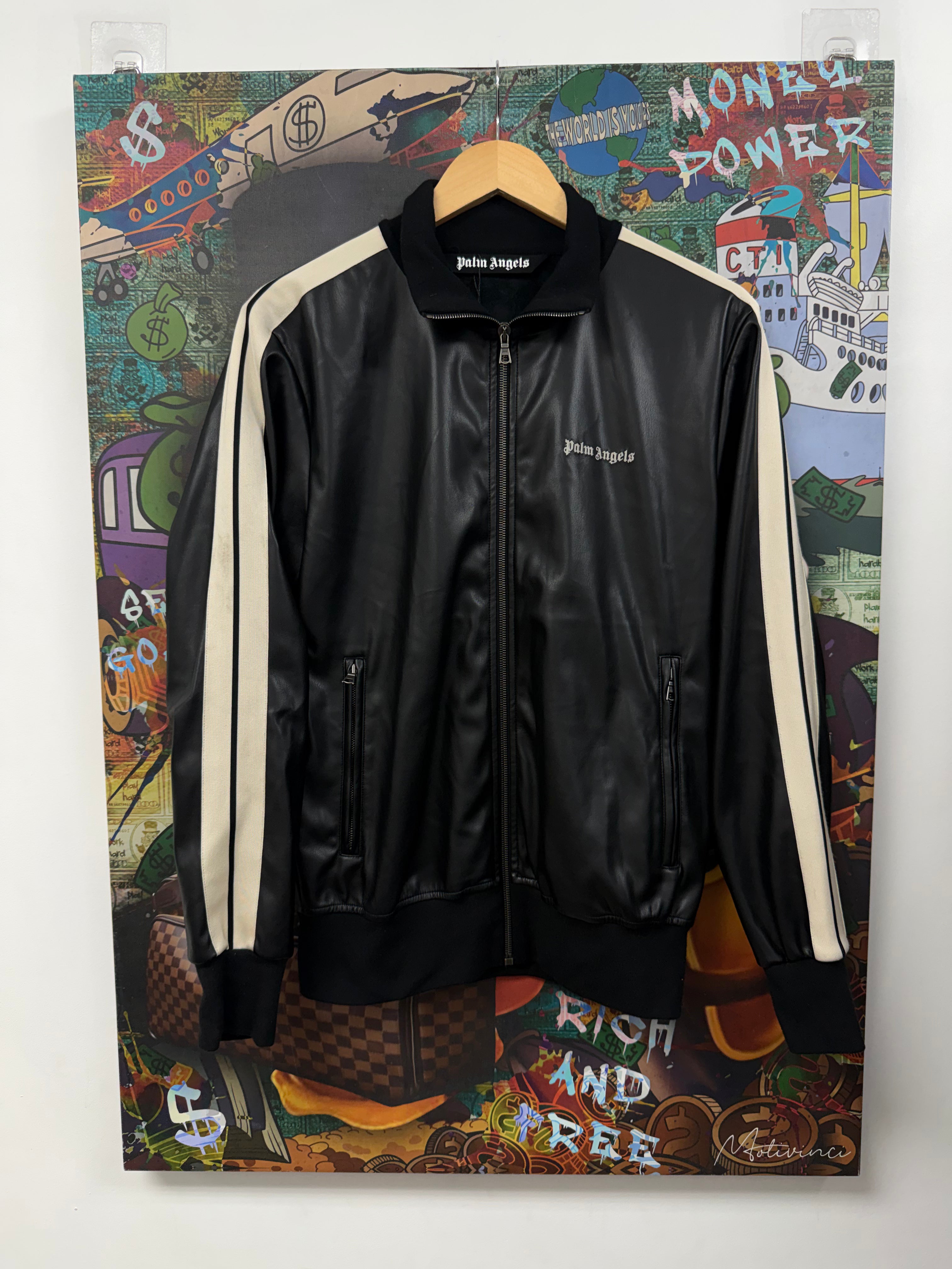 Palm Angels Black Cream Leather Track Jacket