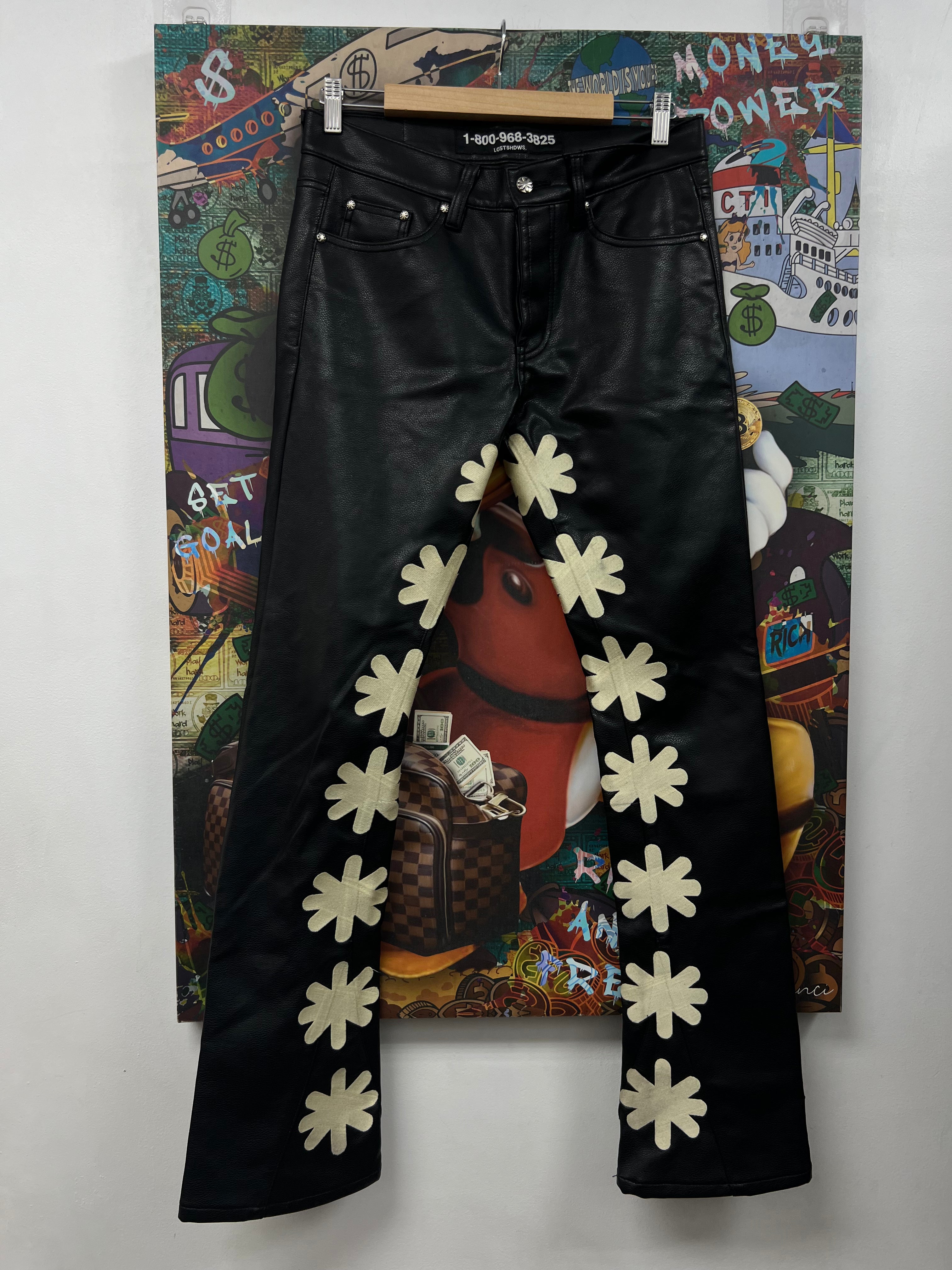 LOST SHDWS Black Cream Leather Jeans