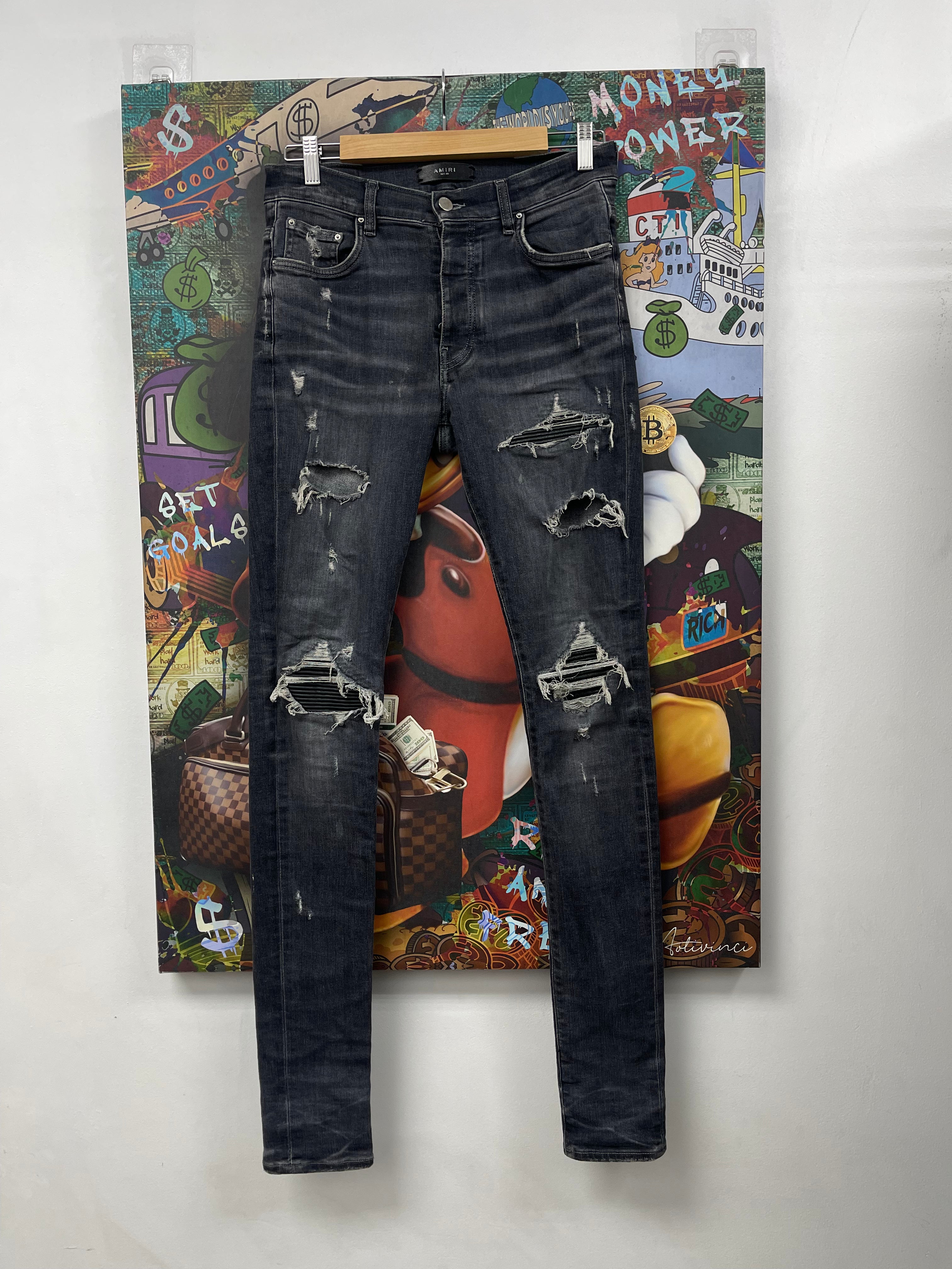 Amiri Mx1 Light Wash Grey Black Patch Jeans