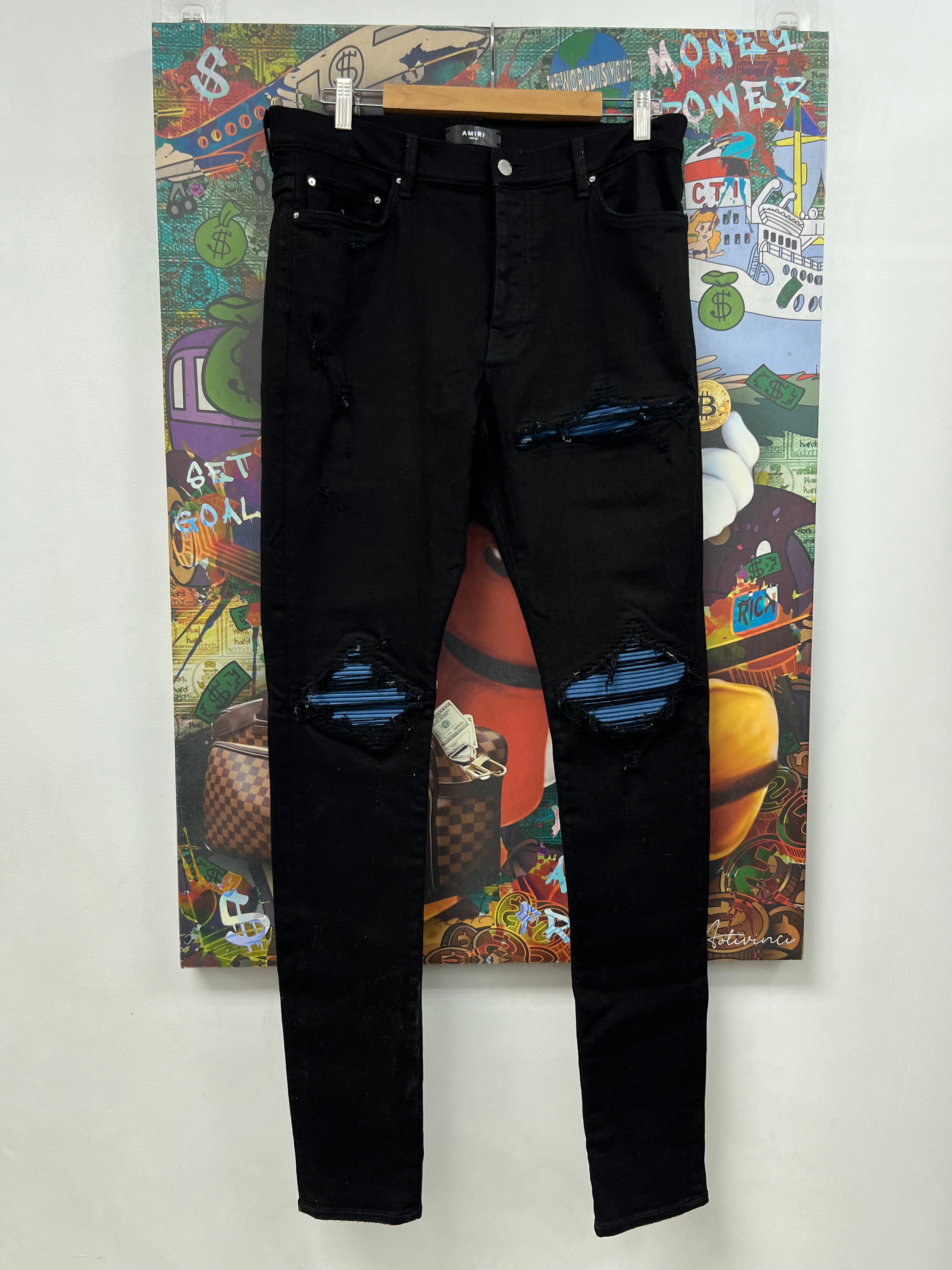 Amiri MX1 Black Blue Suede Patch Jeans