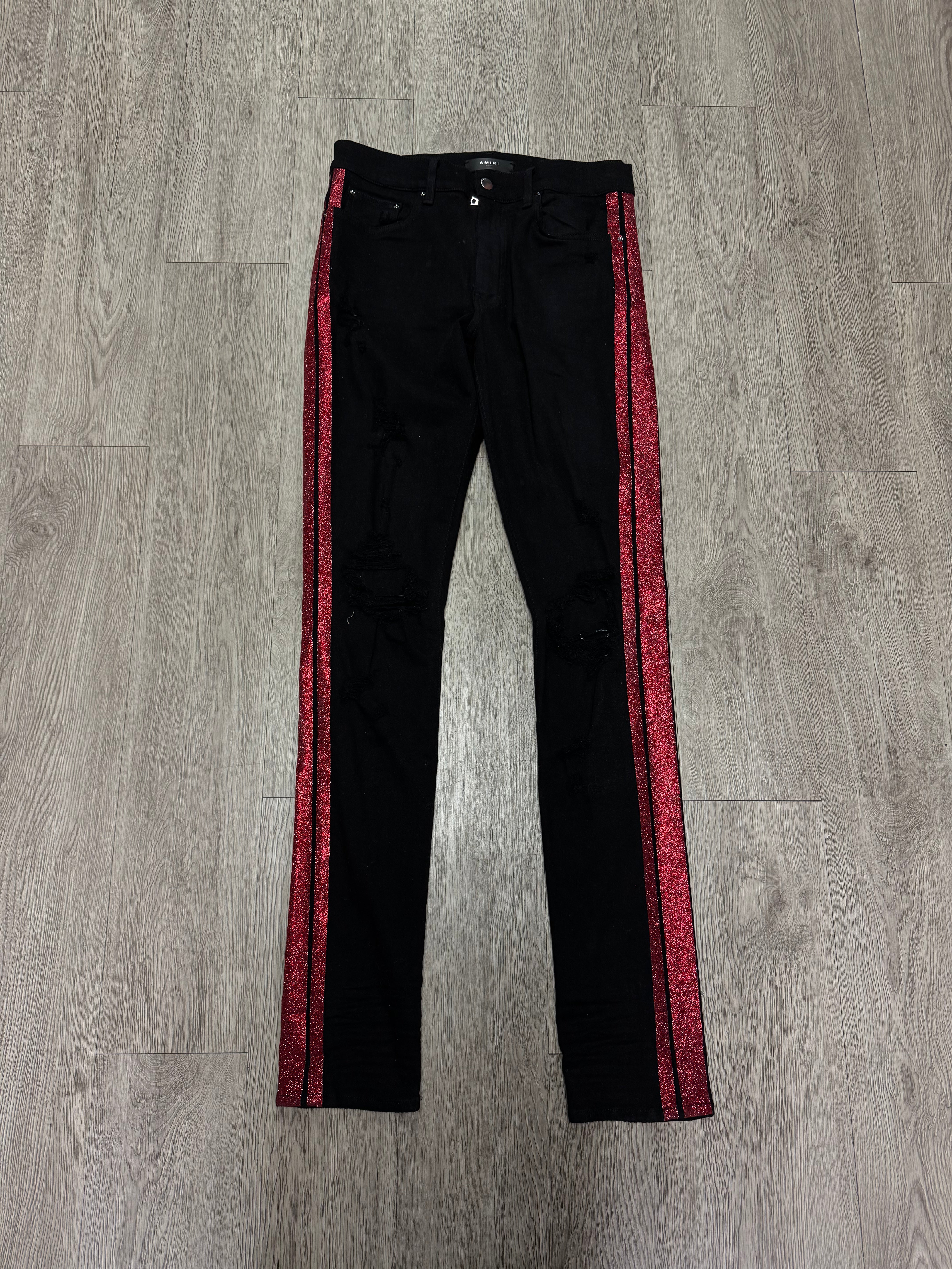 Amiri Black Red Glitter Stripe Jeans