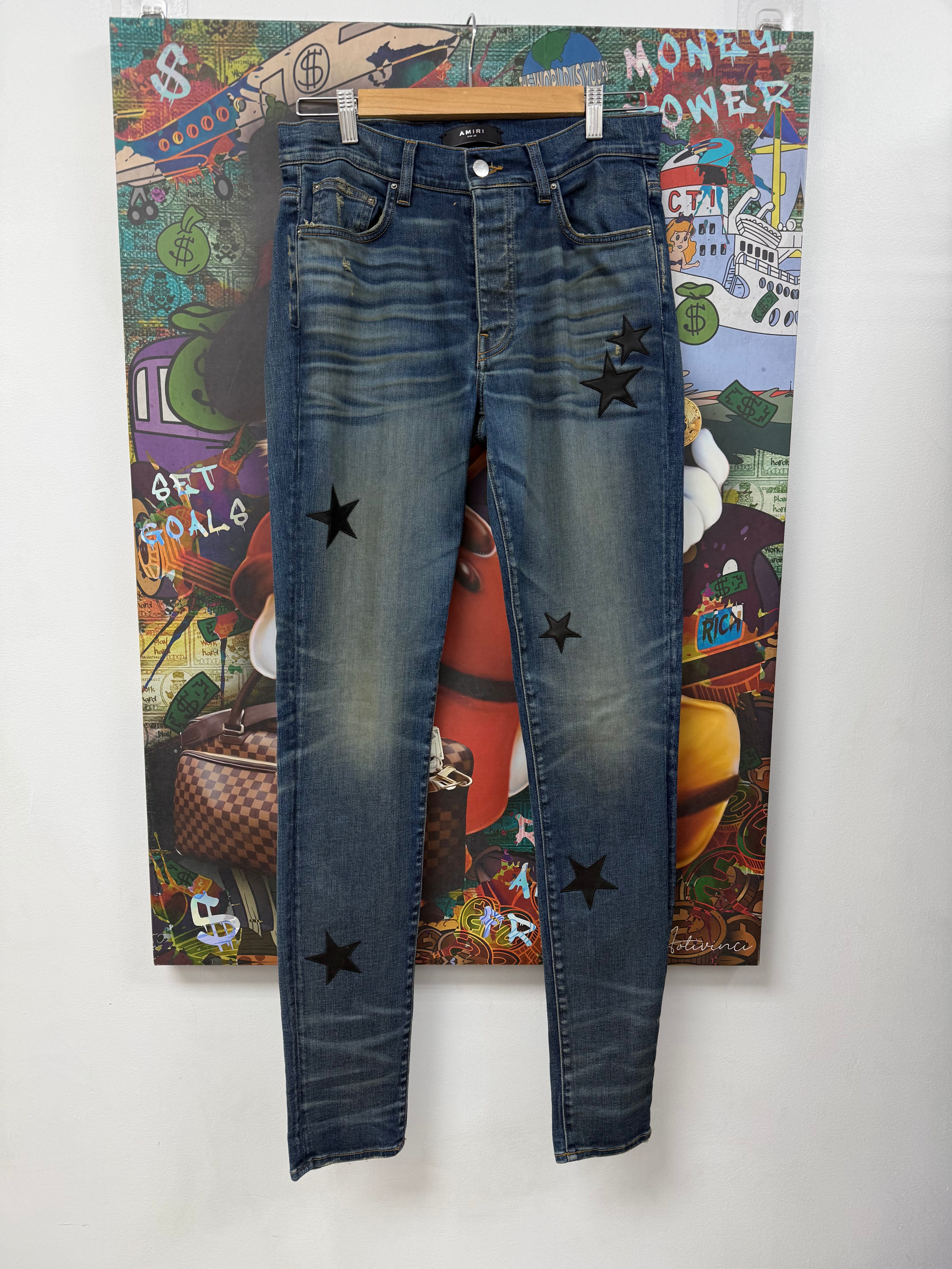 Amiri Dark Wash Black Leather Stars Jeans