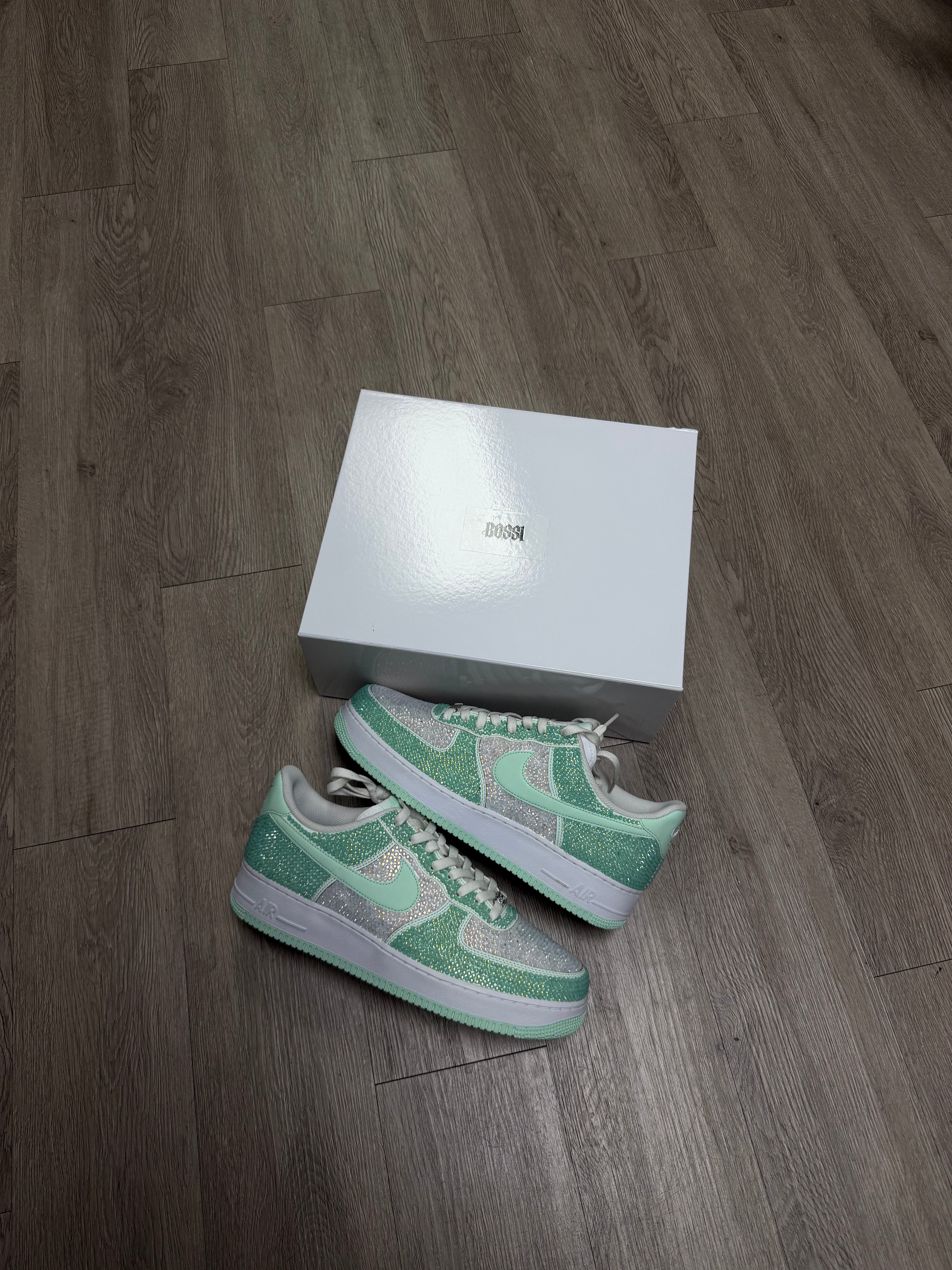 Bossi Mint Green Silver Rhinestone Air Force Sneakers
