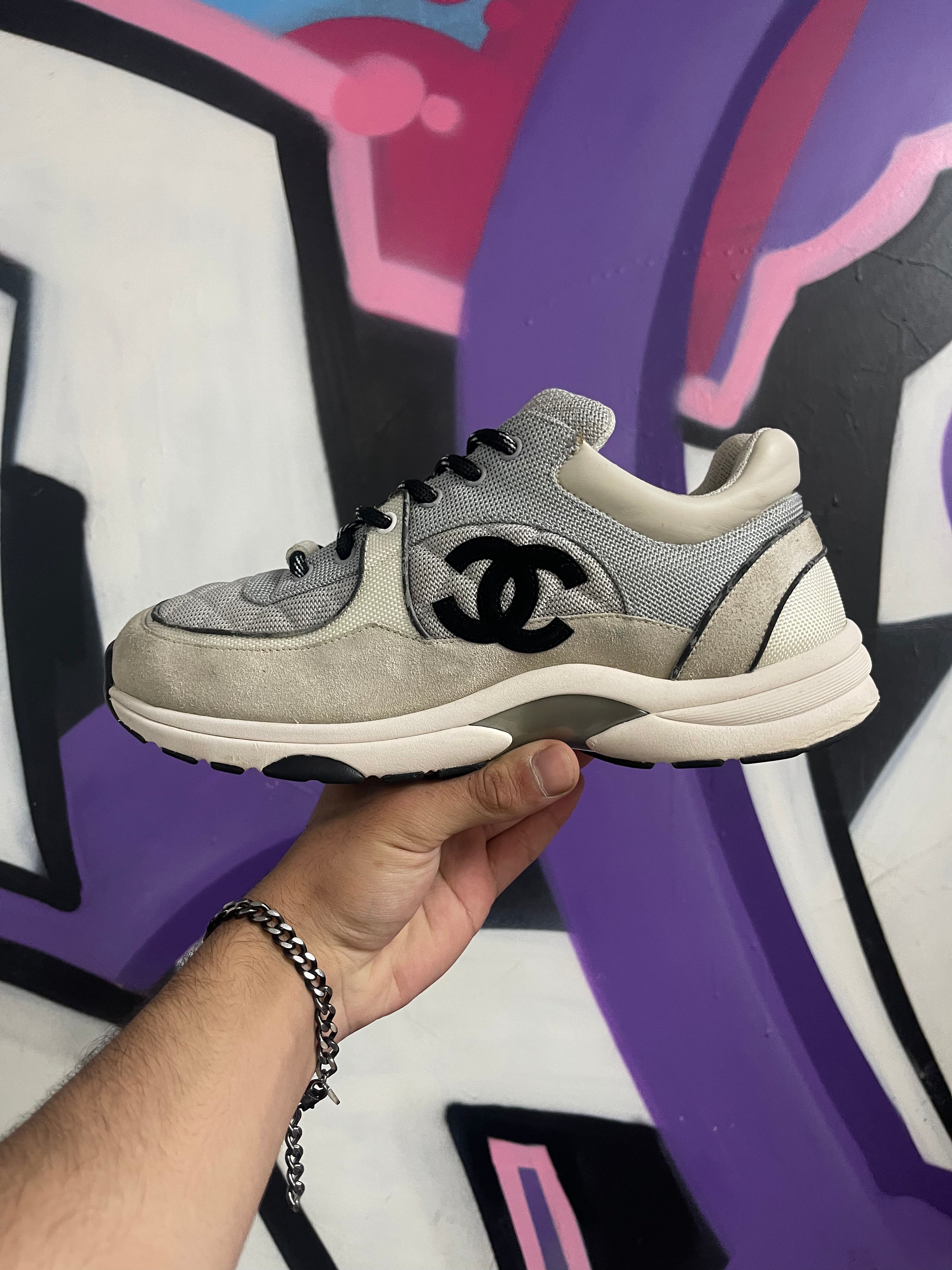 Chanel Grey Black CC Logo Runner Sneakers