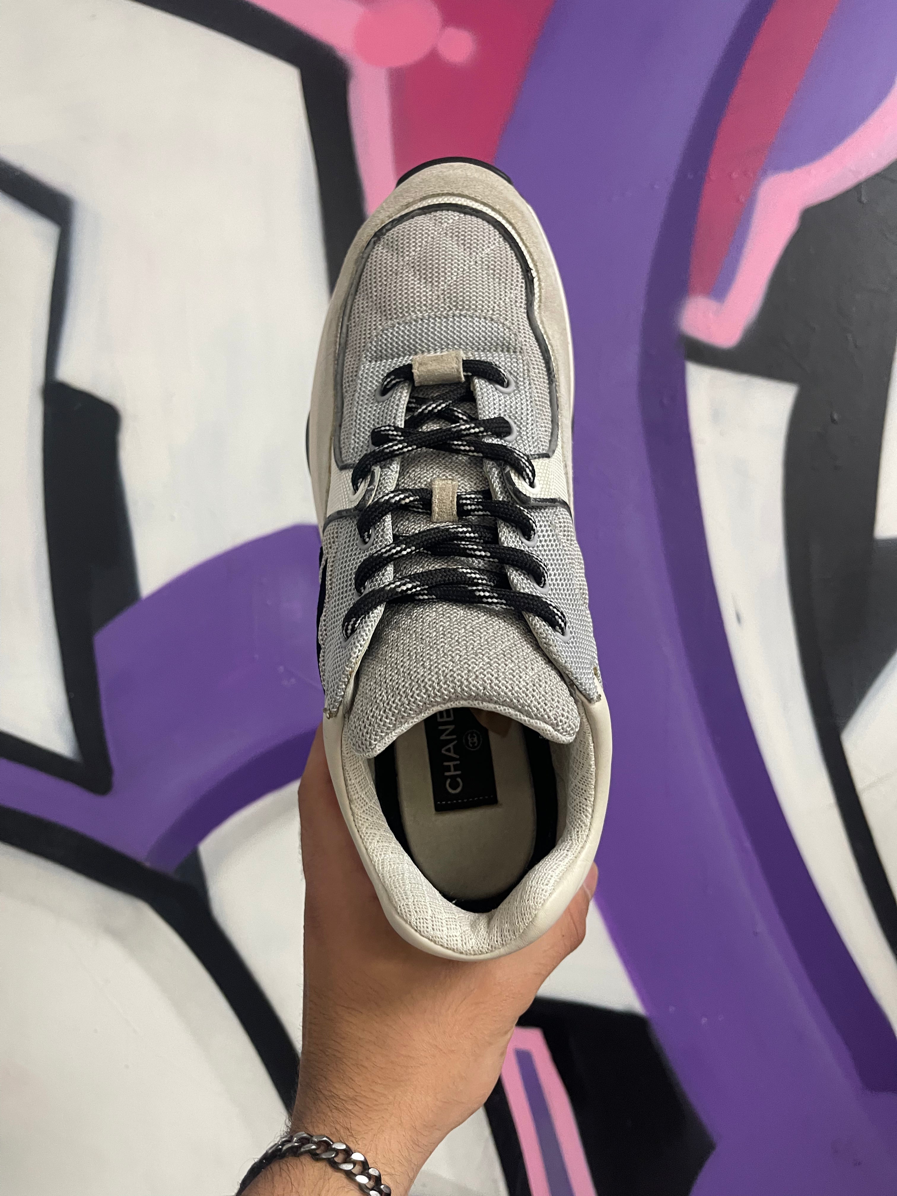 Chanel Grey Black CC Logo Runner Sneakers