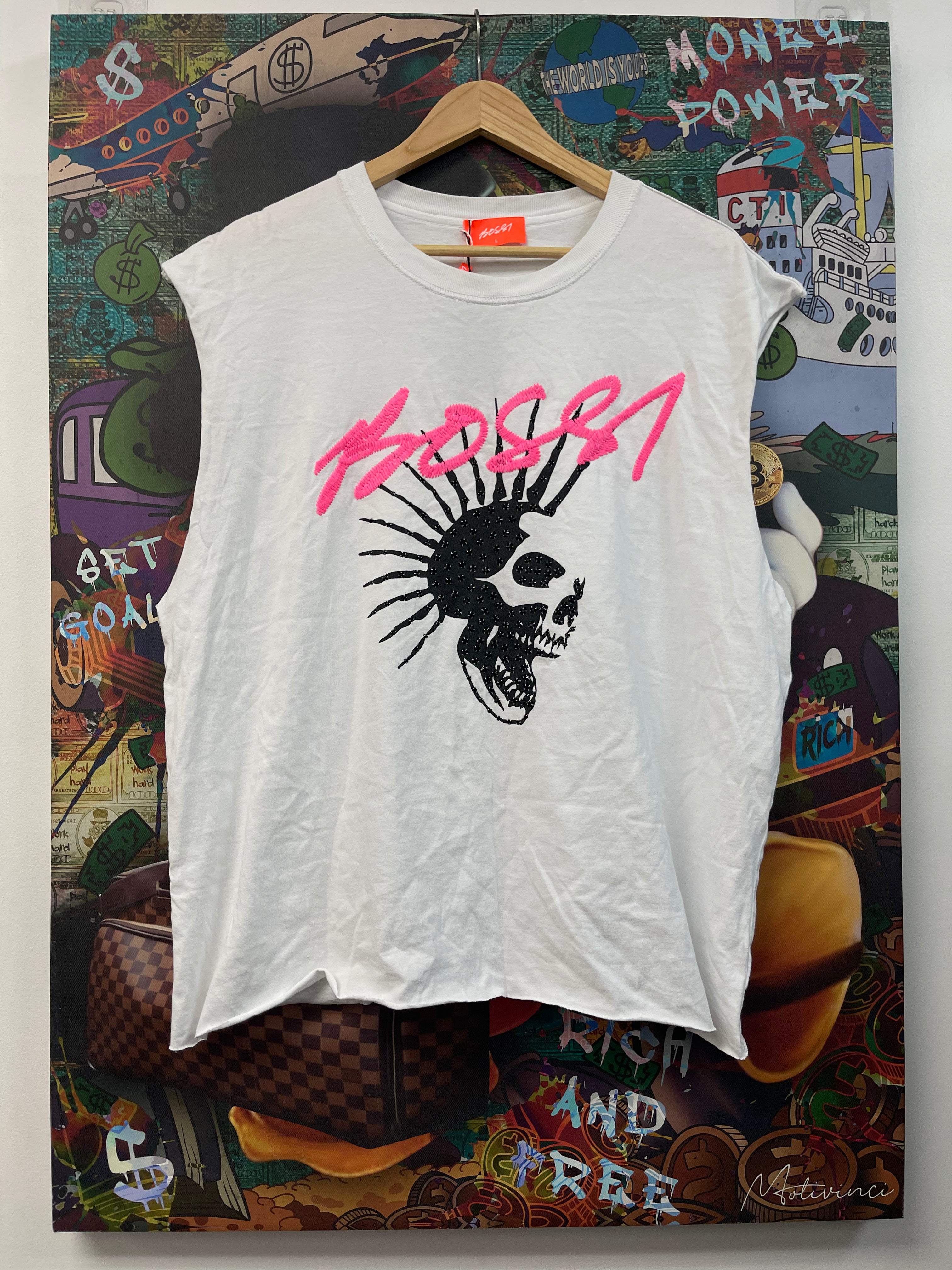 Bossi White Pink Studded Skull Sleeveless Tee