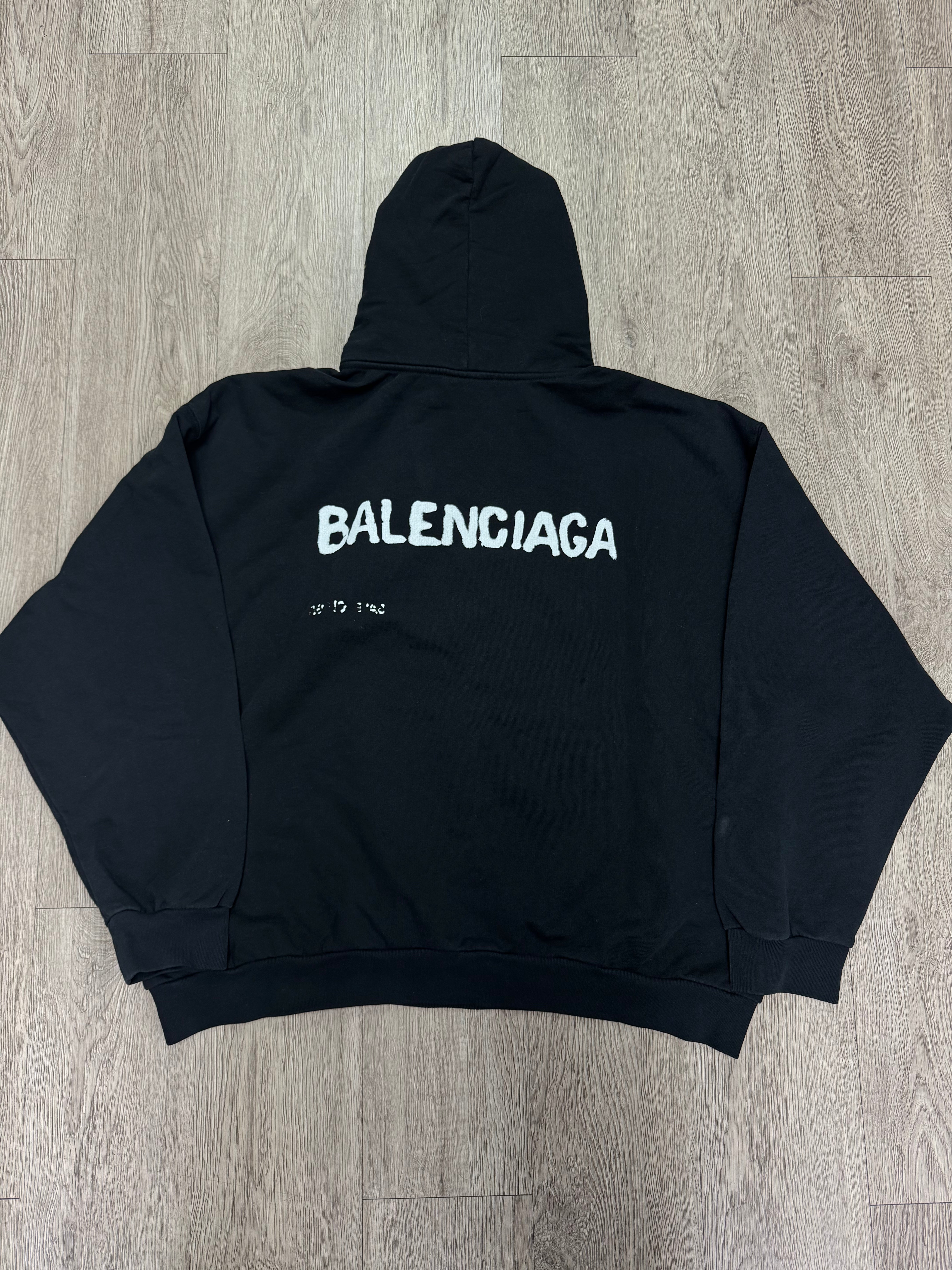 Balenciaga Black Washed Logo Print Hoodie